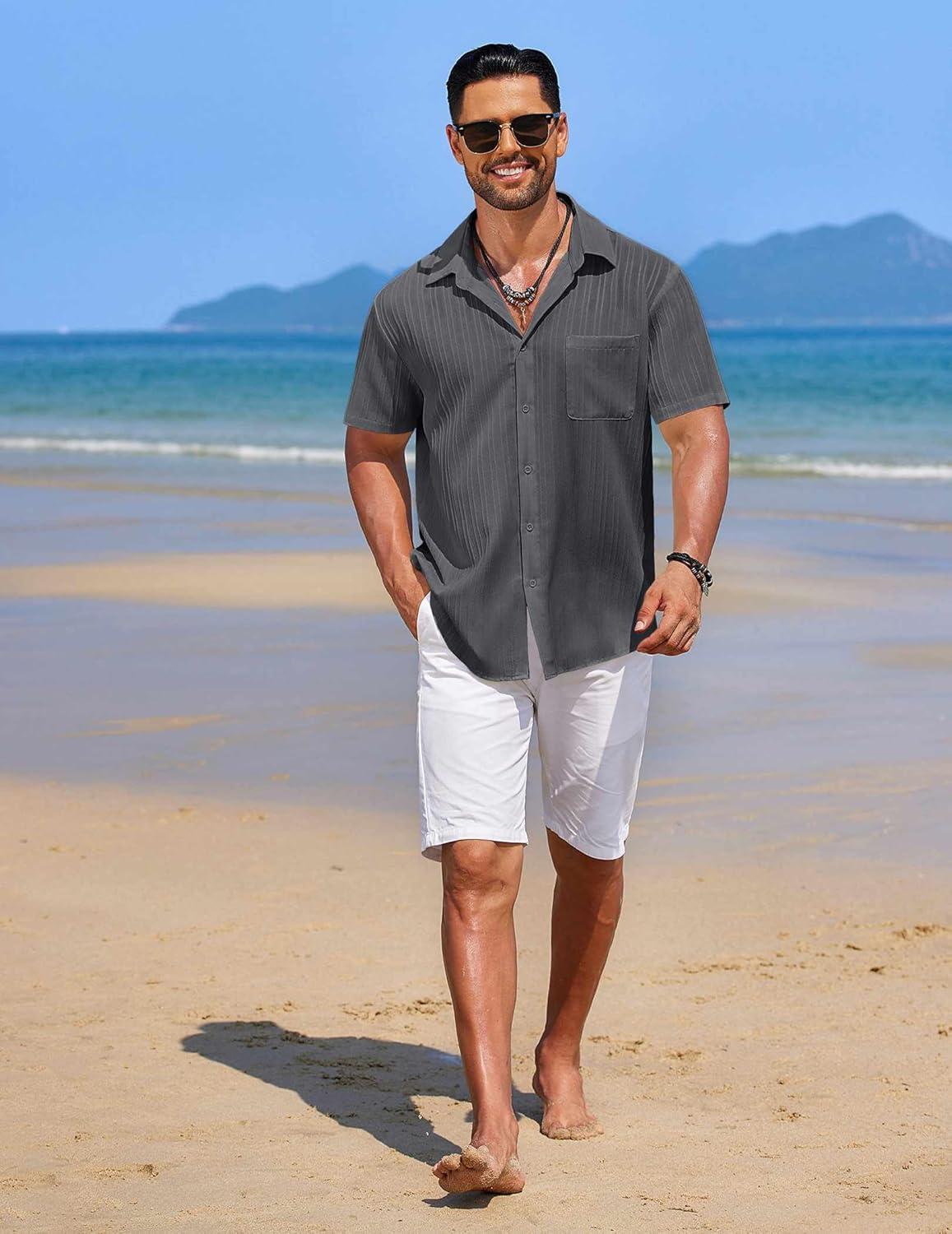 imageCOOFANDY Mens Casual Button Down Shirts Short Sleeve Textured Shirt Summer Beach Shirts for MenDark Grey