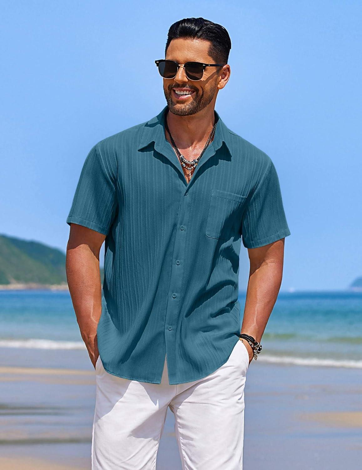 imageCOOFANDY Mens Casual Button Down Shirts Short Sleeve Textured Shirt Summer Beach Shirts for MenLake Green