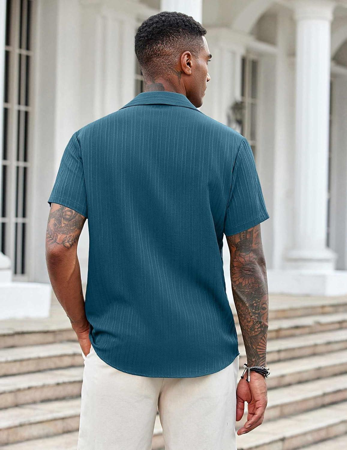 imageCOOFANDY Mens Casual Button Down Shirts Short Sleeve Textured Shirt Summer Beach Shirts for MenLake Green