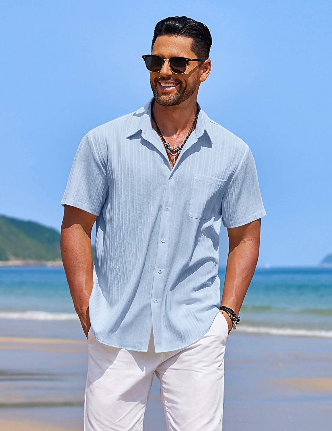 imageCOOFANDY Mens Casual Button Down Shirts Short Sleeve Textured Shirt Summer Beach Shirts for MenLight Blue