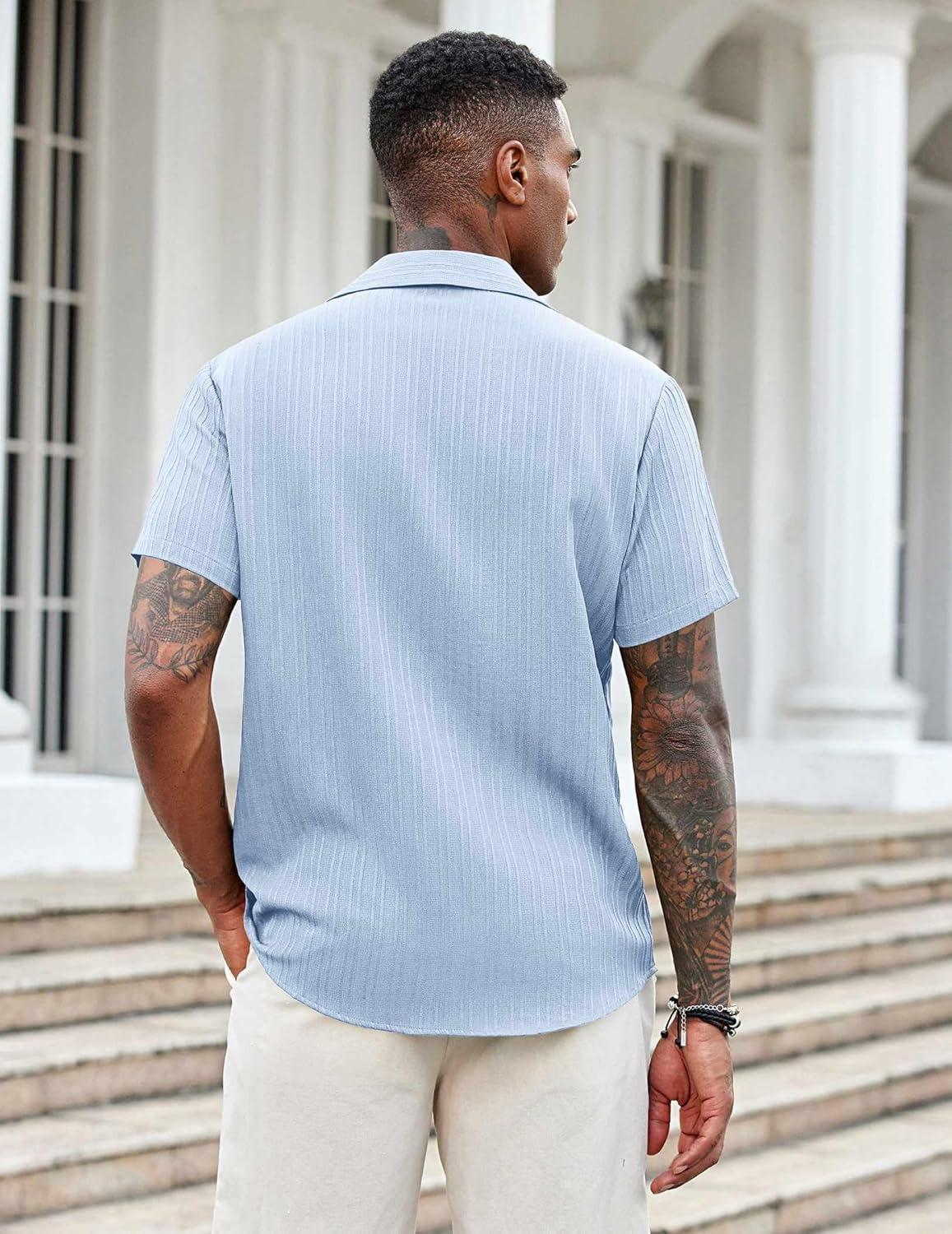 imageCOOFANDY Mens Casual Button Down Shirts Short Sleeve Textured Shirt Summer Beach Shirts for MenLight Blue