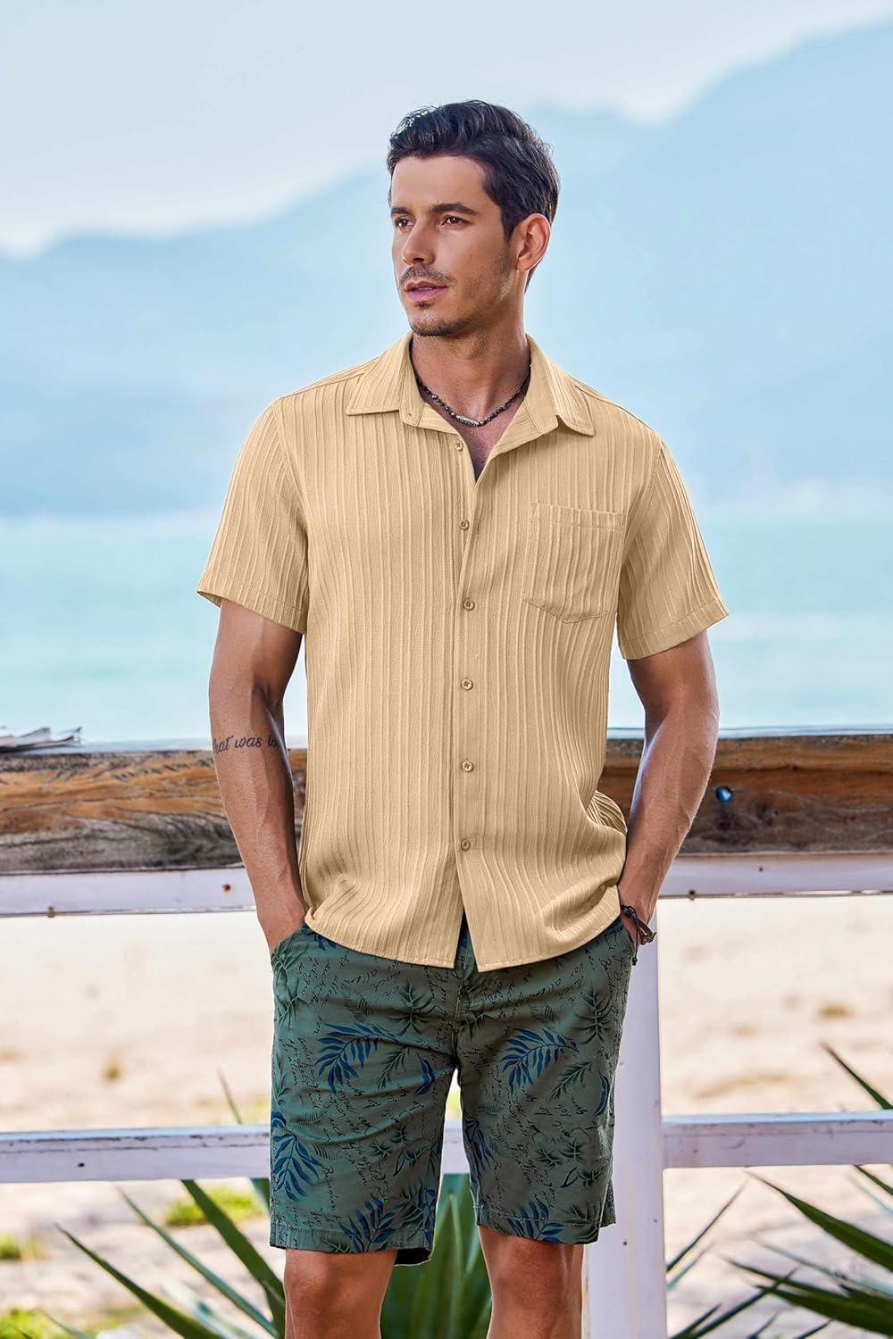 imageCOOFANDY Mens Casual Button Down Shirts Short Sleeve Textured Shirt Summer Beach Shirts for MenLight Khaki