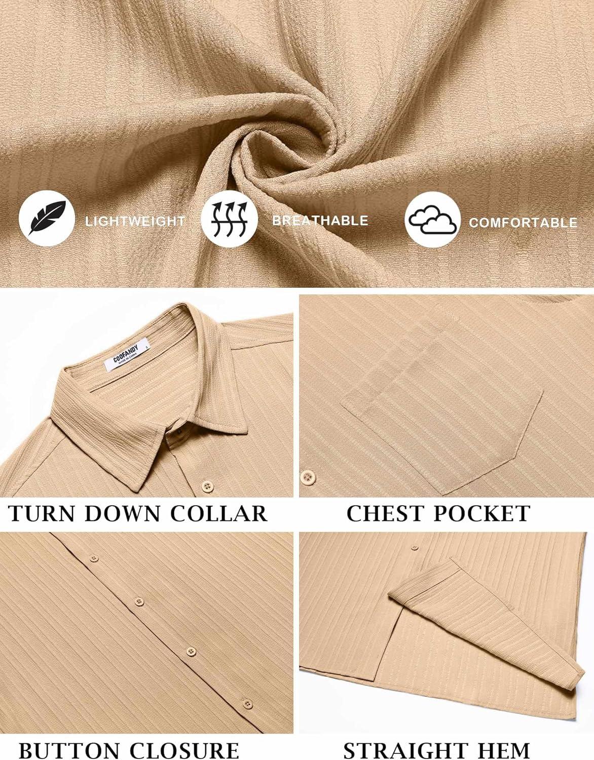 imageCOOFANDY Mens Casual Button Down Shirts Short Sleeve Textured Shirt Summer Beach Shirts for MenLight Khaki
