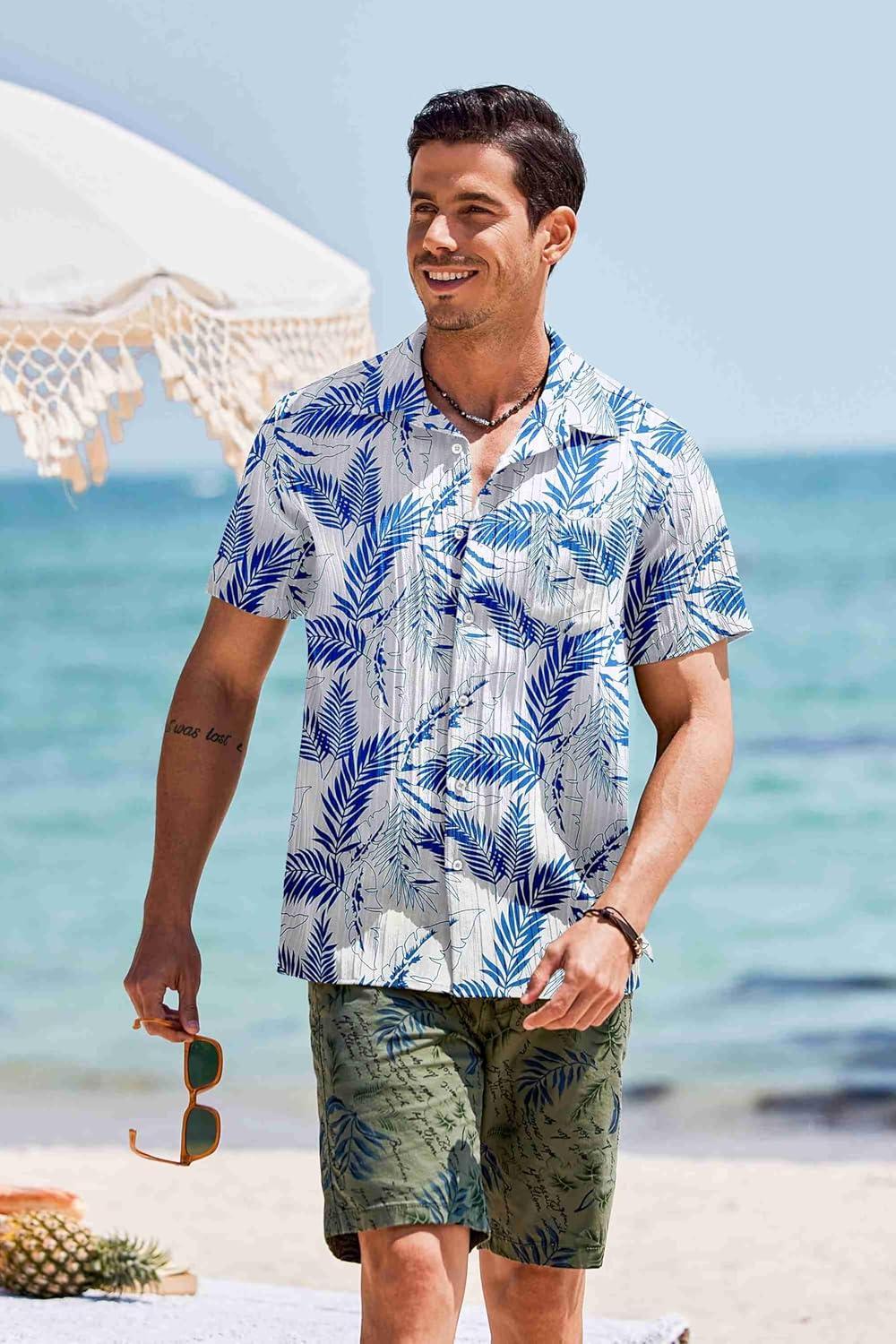imageCOOFANDY Mens Casual Button Down Shirts Short Sleeve Textured Shirt Summer Beach Shirts for MenWhiteblue Leaves