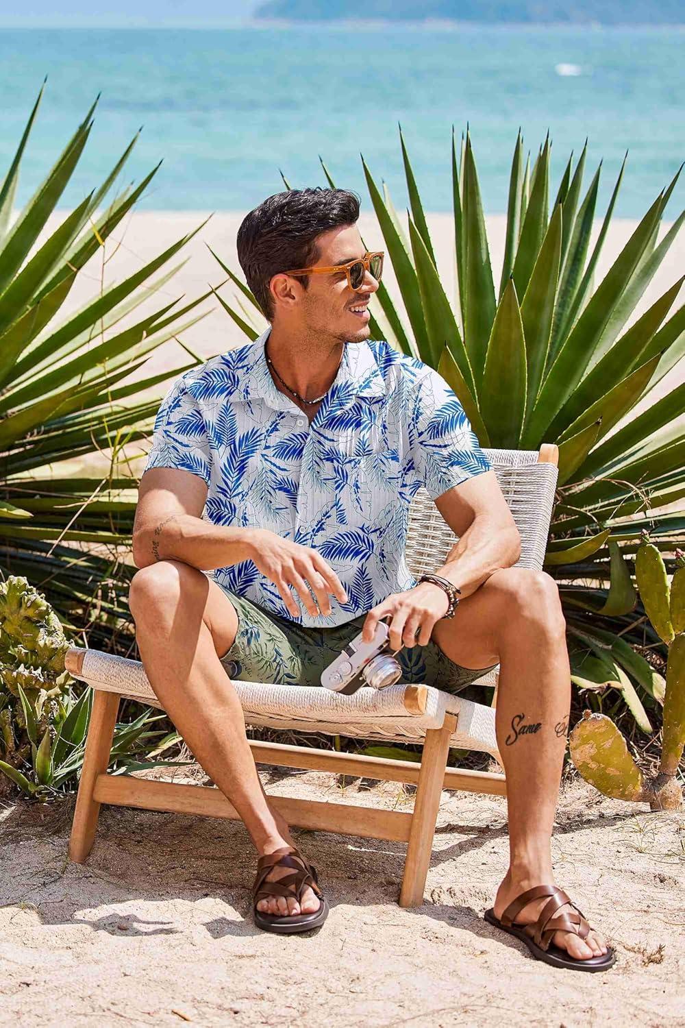 imageCOOFANDY Mens Casual Button Down Shirts Short Sleeve Textured Shirt Summer Beach Shirts for MenWhiteblue Leaves