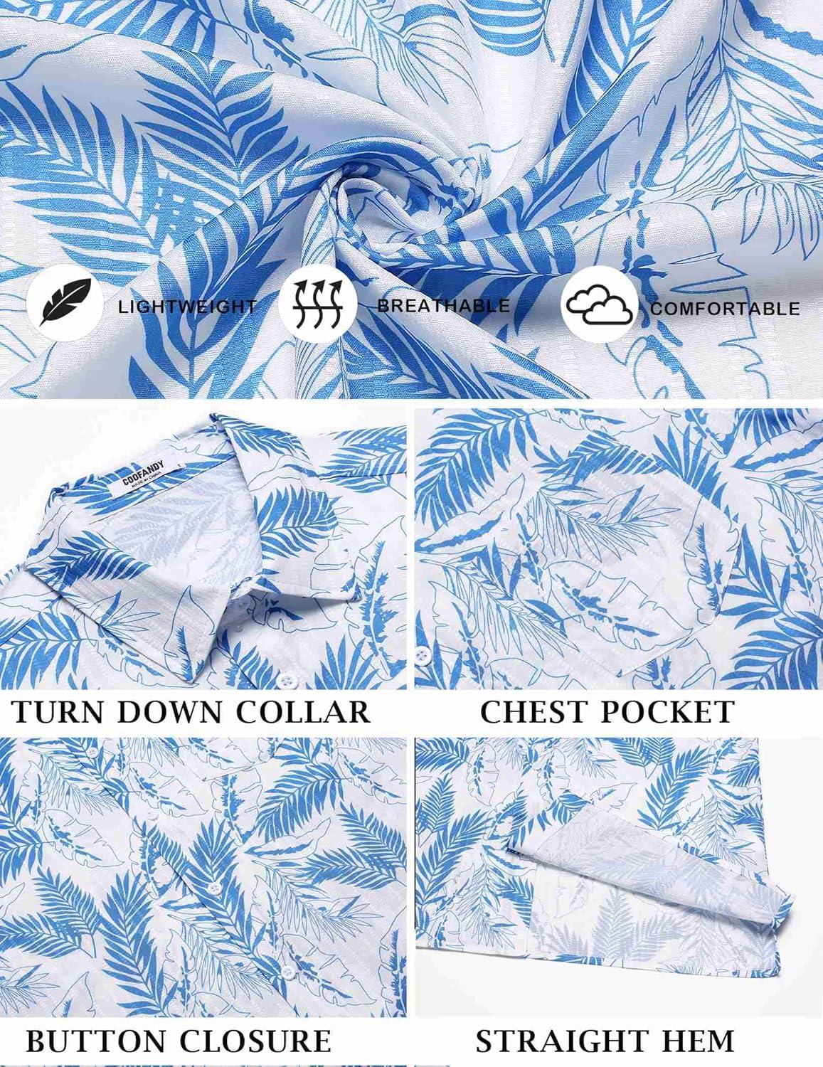 imageCOOFANDY Mens Casual Button Down Shirts Short Sleeve Textured Shirt Summer Beach Shirts for MenWhiteblue Leaves