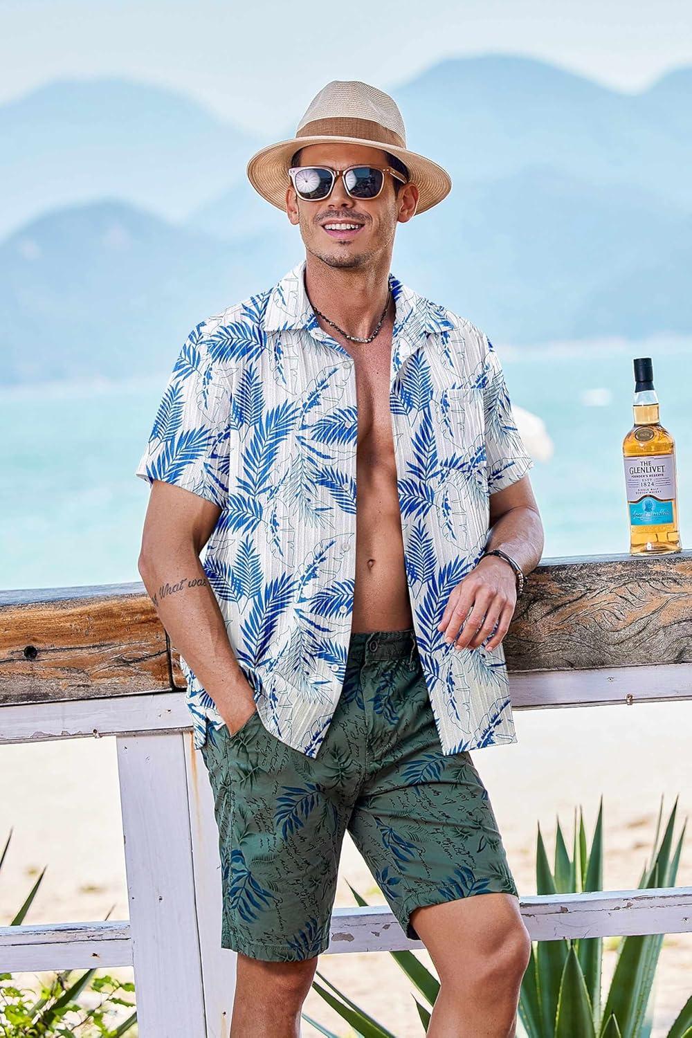 imageCOOFANDY Mens Casual Button Down Shirts Short Sleeve Textured Shirt Summer Beach Shirts for MenWhiteblue Leaves