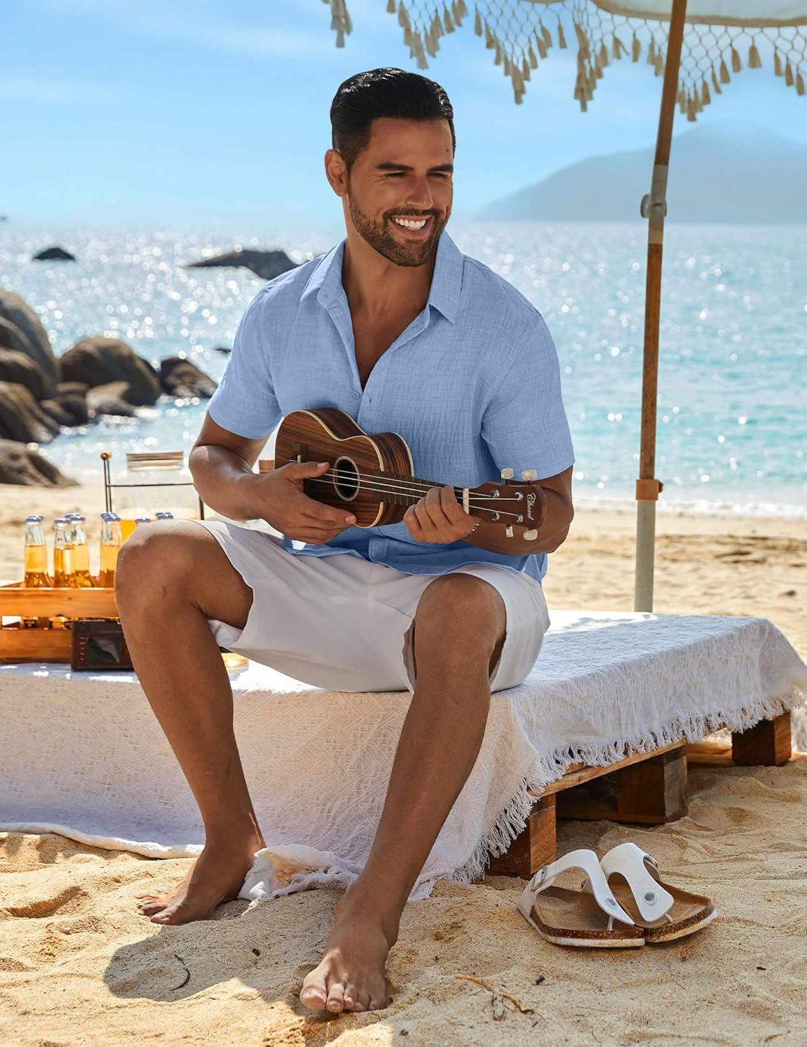 imageCOOFANDY Mens Casual Button Down Shirts Short Sleeve Textured Summer Beach ShirtClear Blue