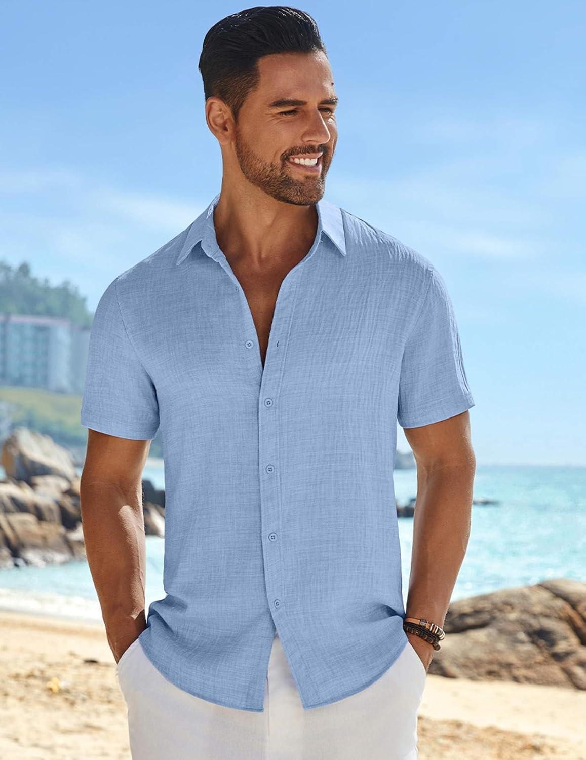 imageCOOFANDY Mens Casual Button Down Shirts Short Sleeve Textured Summer Beach ShirtClear Blue