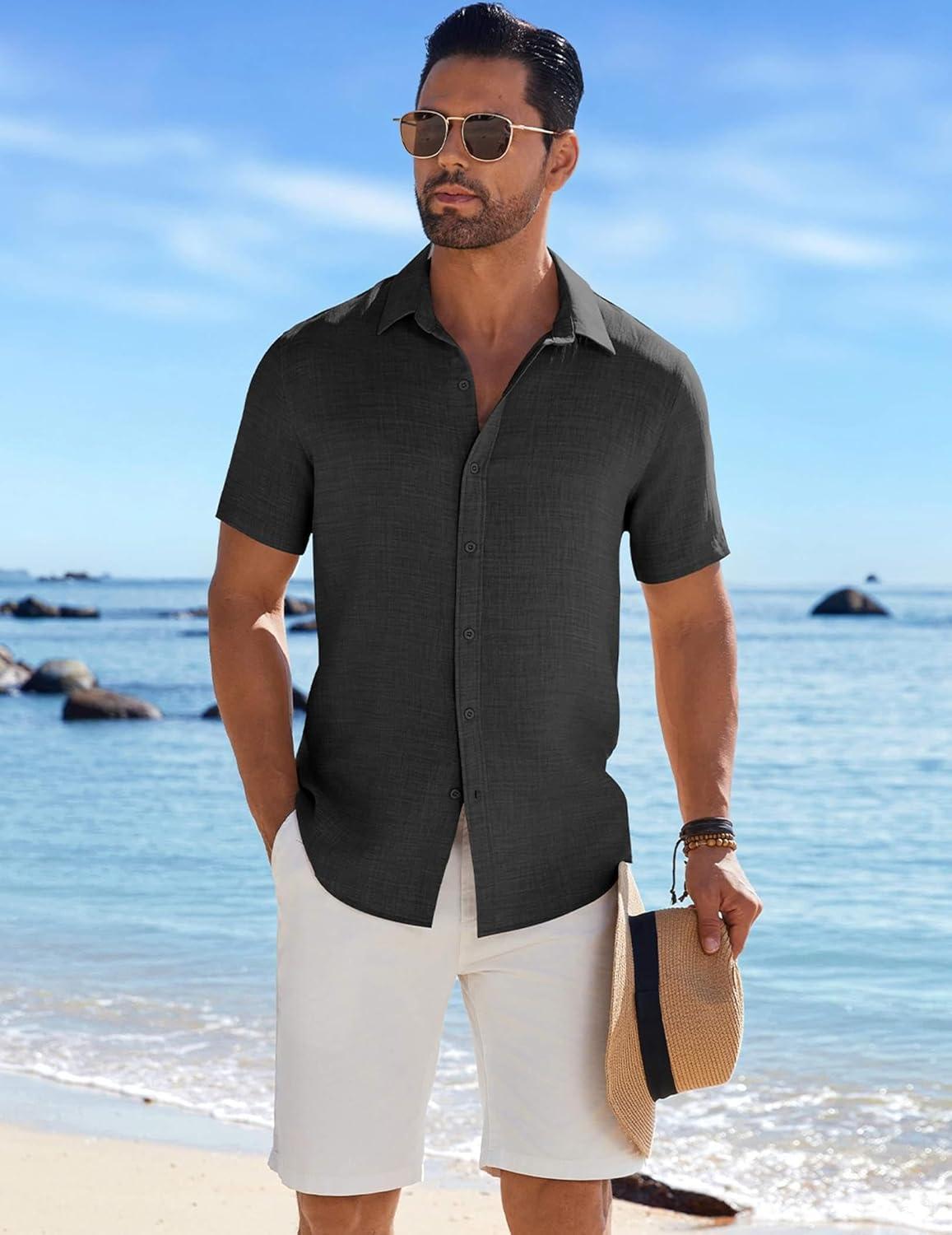 imageCOOFANDY Mens Casual Button Down Shirts Short Sleeve Textured Summer Beach ShirtDark Grey