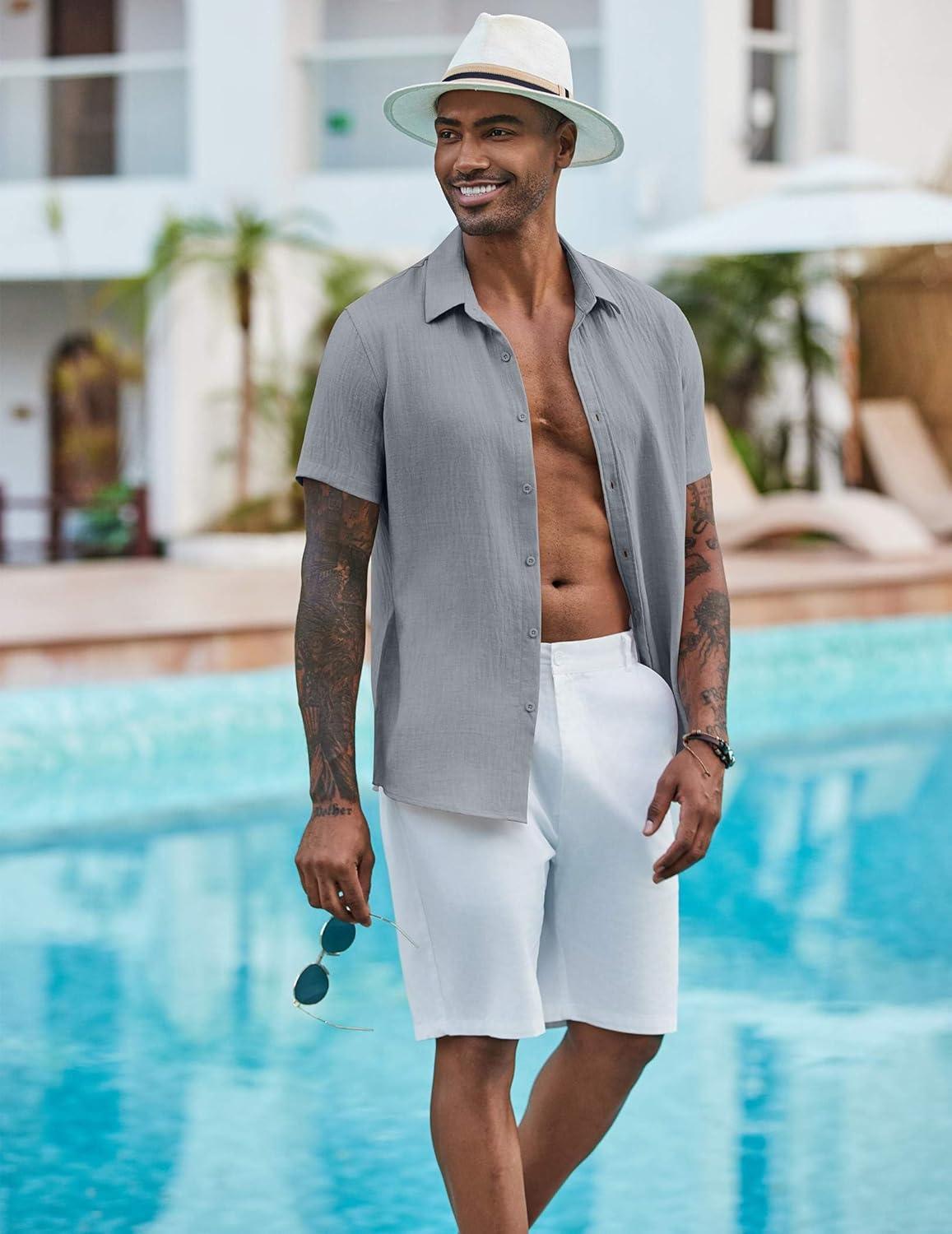 imageCOOFANDY Mens Casual Button Down Shirts Short Sleeve Textured Summer Beach ShirtLight Grey