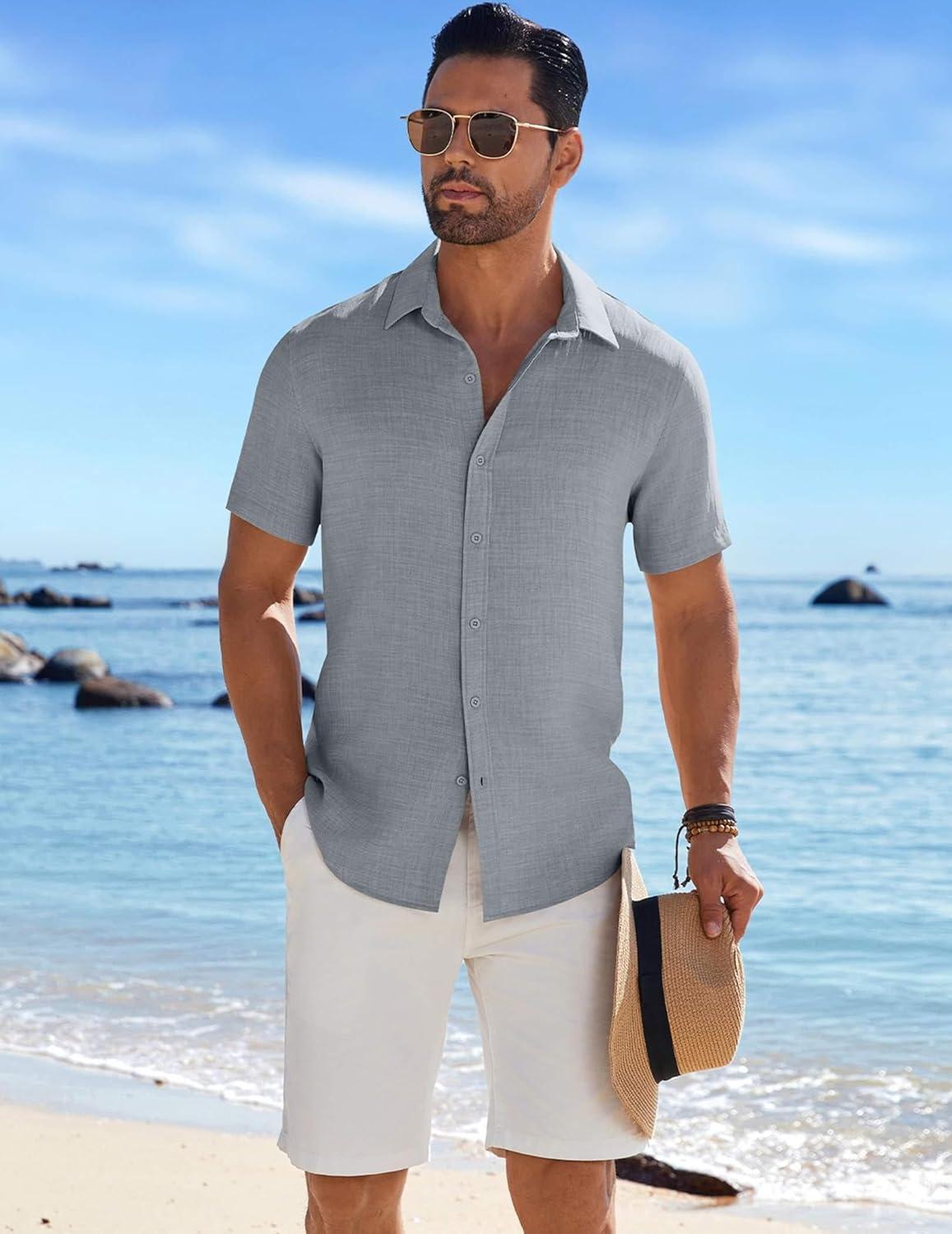 imageCOOFANDY Mens Casual Button Down Shirts Short Sleeve Textured Summer Beach ShirtLight Grey