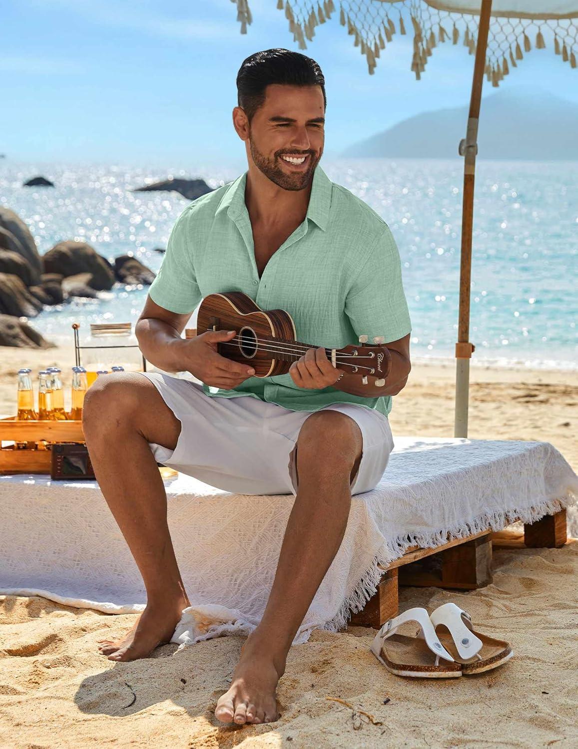 imageCOOFANDY Mens Casual Button Down Shirts Short Sleeve Textured Summer Beach ShirtMint Green