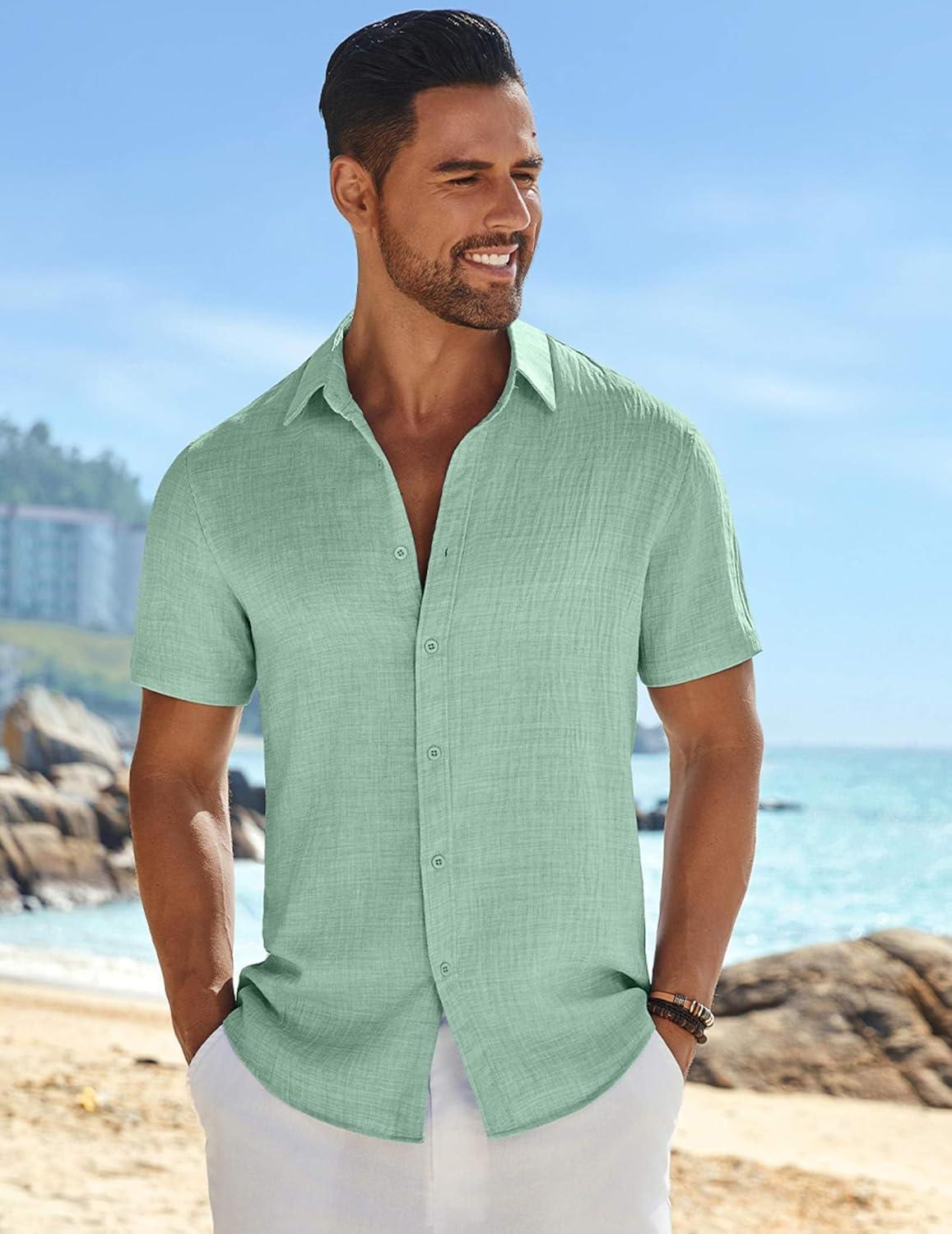 imageCOOFANDY Mens Casual Button Down Shirts Short Sleeve Textured Summer Beach ShirtMint Green