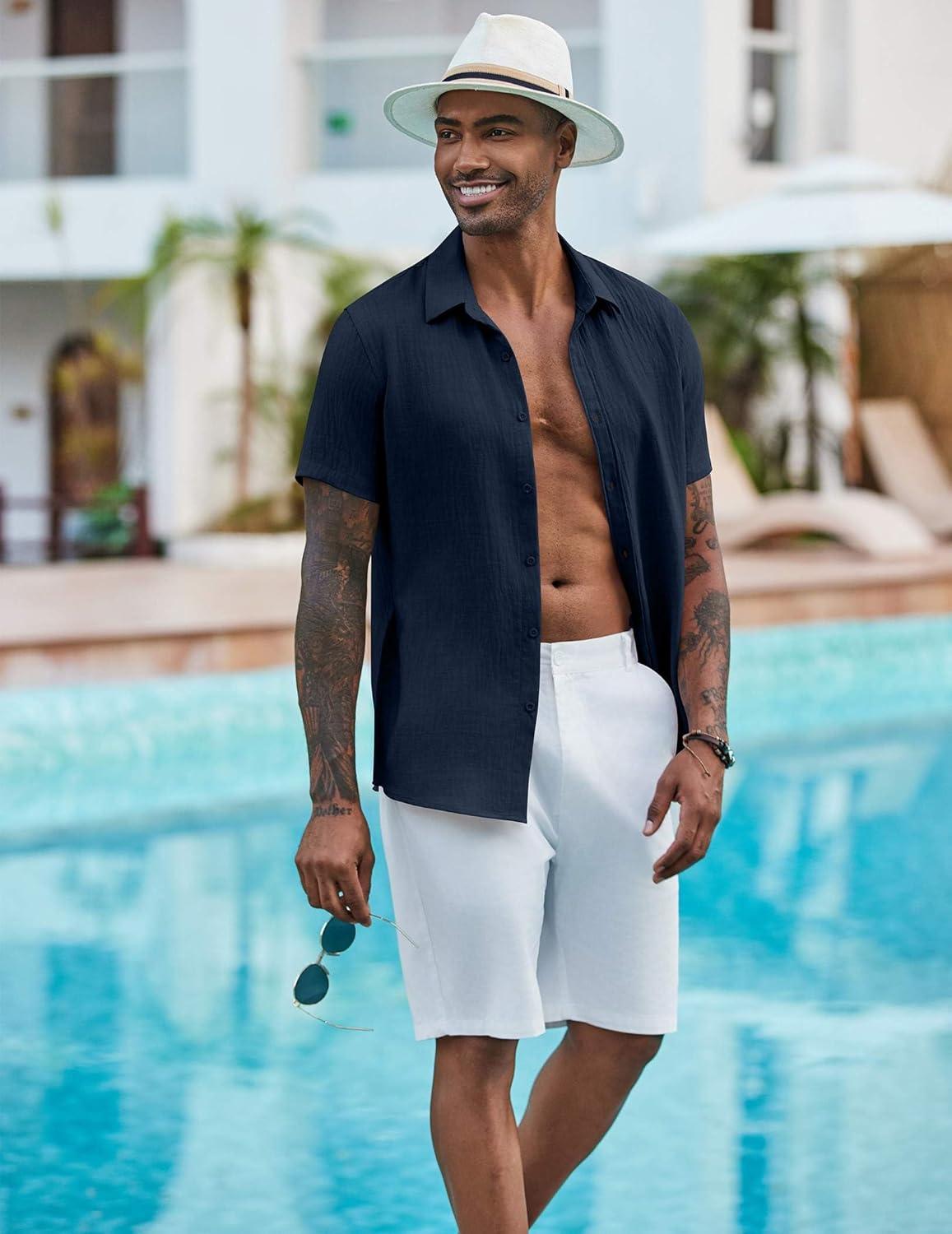 imageCOOFANDY Mens Casual Button Down Shirts Short Sleeve Textured Summer Beach ShirtNavy Blue