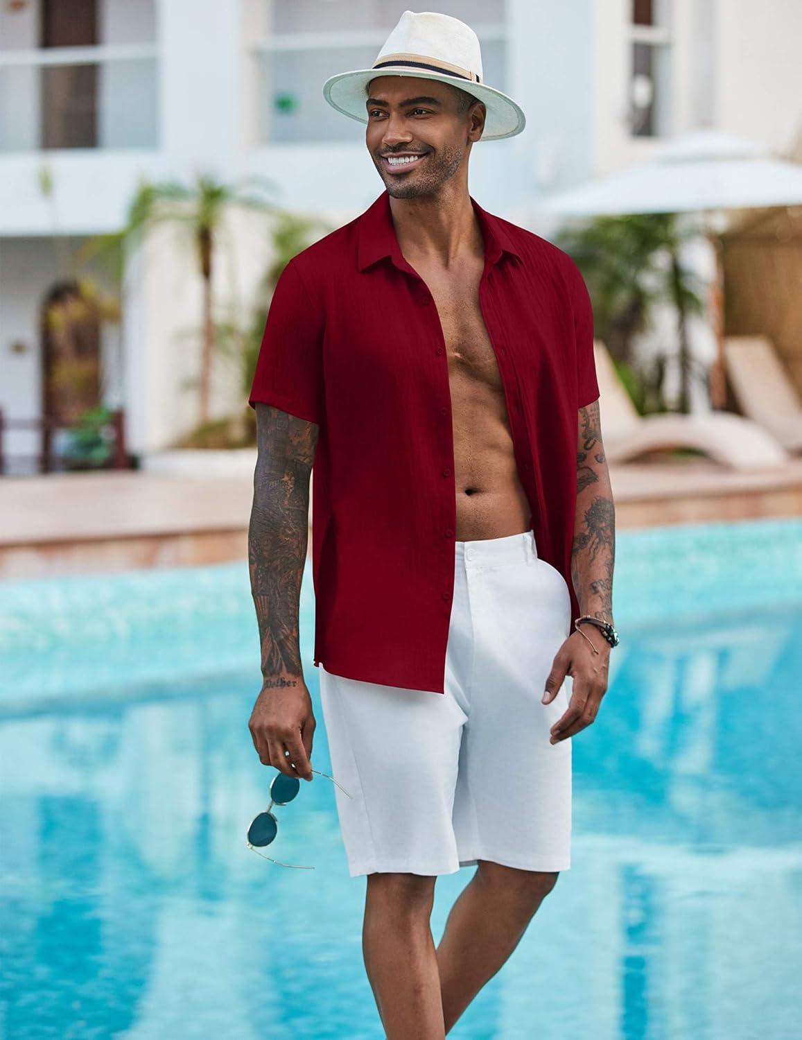 imageCOOFANDY Mens Casual Button Down Shirts Short Sleeve Textured Summer Beach ShirtRed