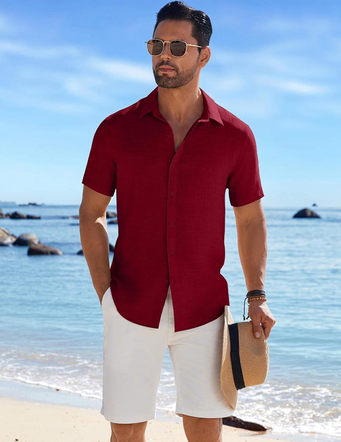imageCOOFANDY Mens Casual Button Down Shirts Short Sleeve Textured Summer Beach ShirtRed