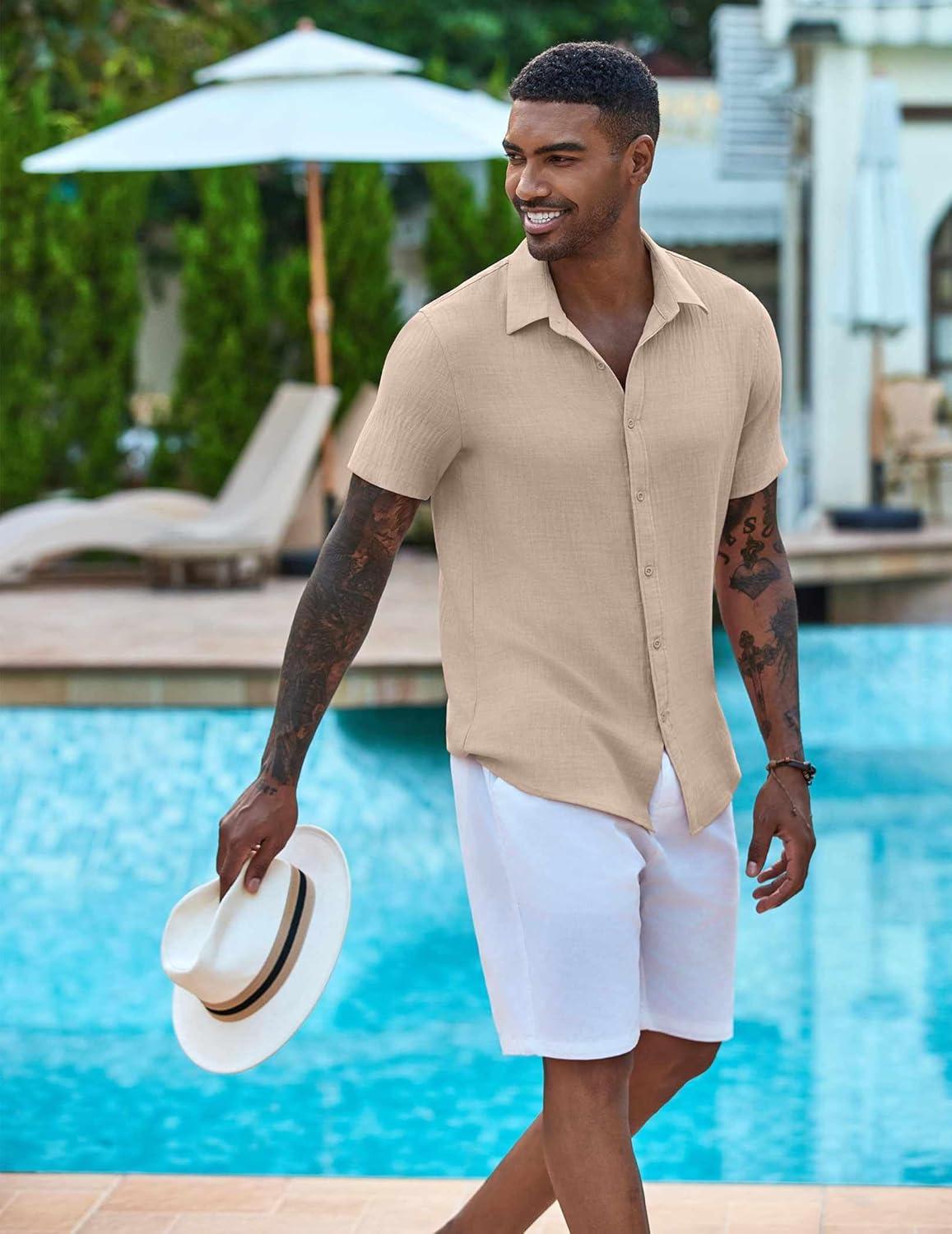 imageCOOFANDY Mens Casual Button Down Shirts Short Sleeve Textured Summer Beach ShirtStone