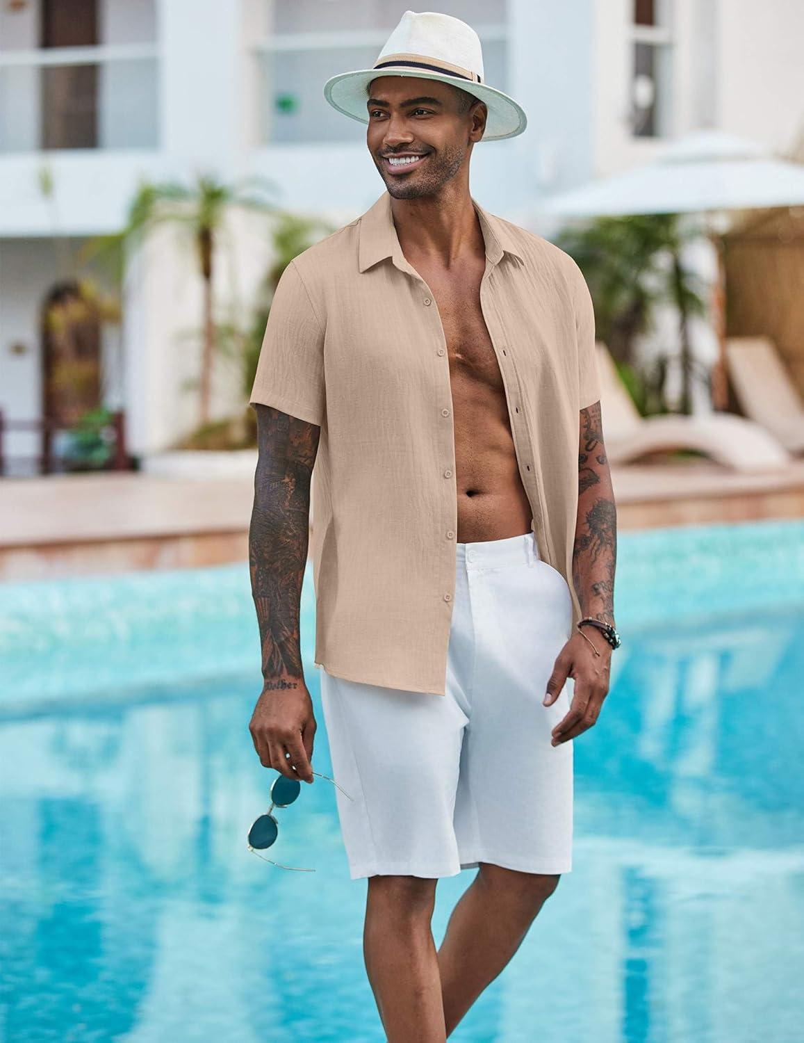 imageCOOFANDY Mens Casual Button Down Shirts Short Sleeve Textured Summer Beach ShirtStone