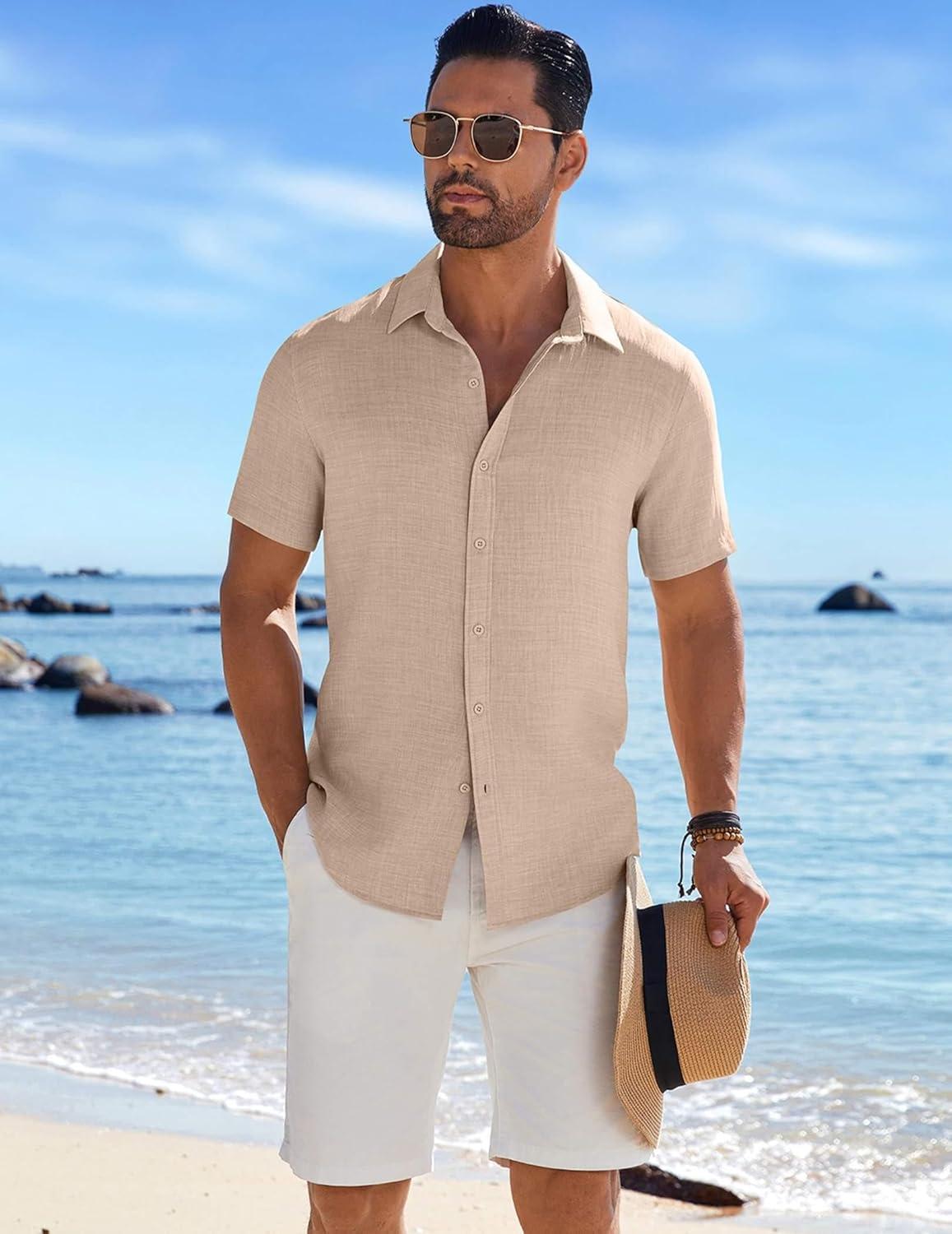 imageCOOFANDY Mens Casual Button Down Shirts Short Sleeve Textured Summer Beach ShirtStone