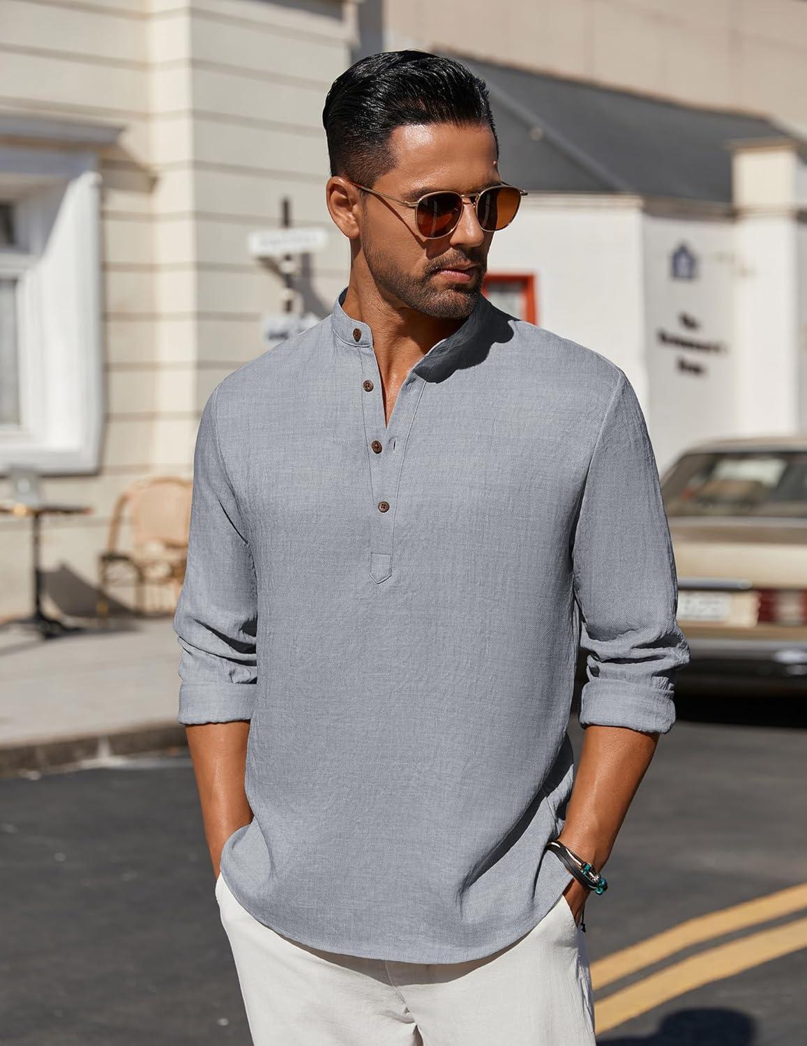 imageCOOFANDY Mens Casual Henley Shirt Long Sleeve Band Collar Shirts Summer Beach Hippie Button TShirtsGrey