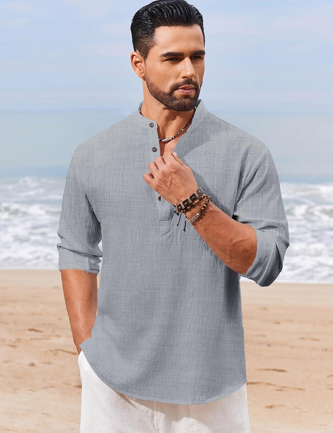 imageCOOFANDY Mens Casual Henley Shirt Long Sleeve Band Collar Shirts Summer Beach Hippie Button TShirtsGrey