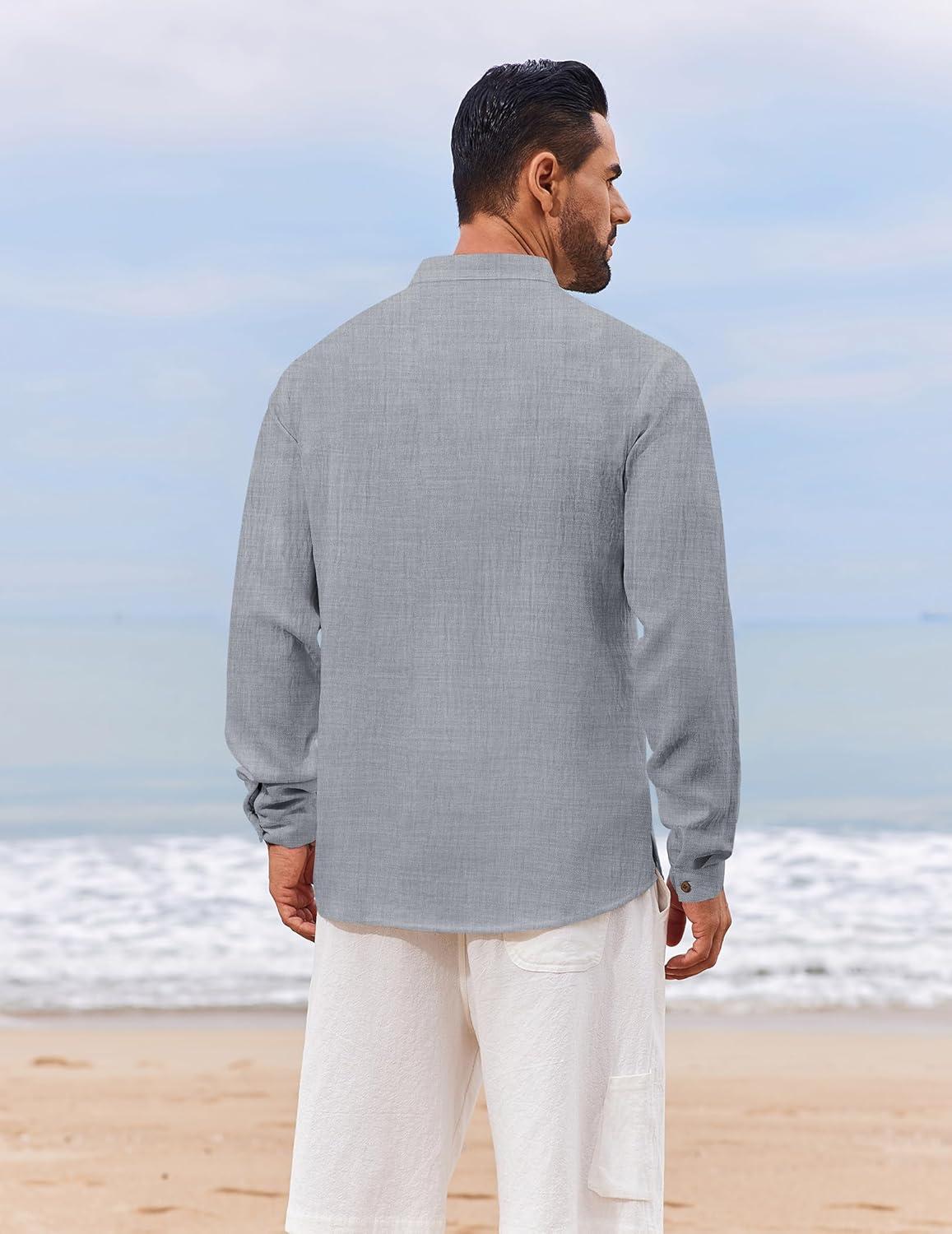 imageCOOFANDY Mens Casual Henley Shirt Long Sleeve Band Collar Shirts Summer Beach Hippie Button TShirtsGrey