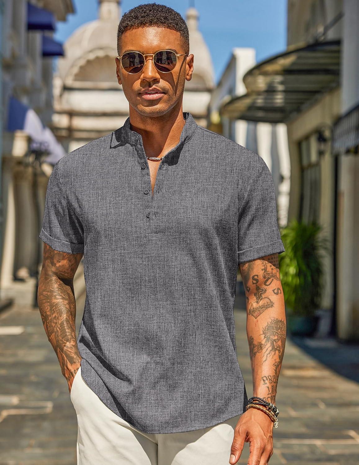 imageCOOFANDY Mens Casual Linen Henley Shirts Short Sleeve Band Collar Summer Beach Vacation TShirtsDark Grey