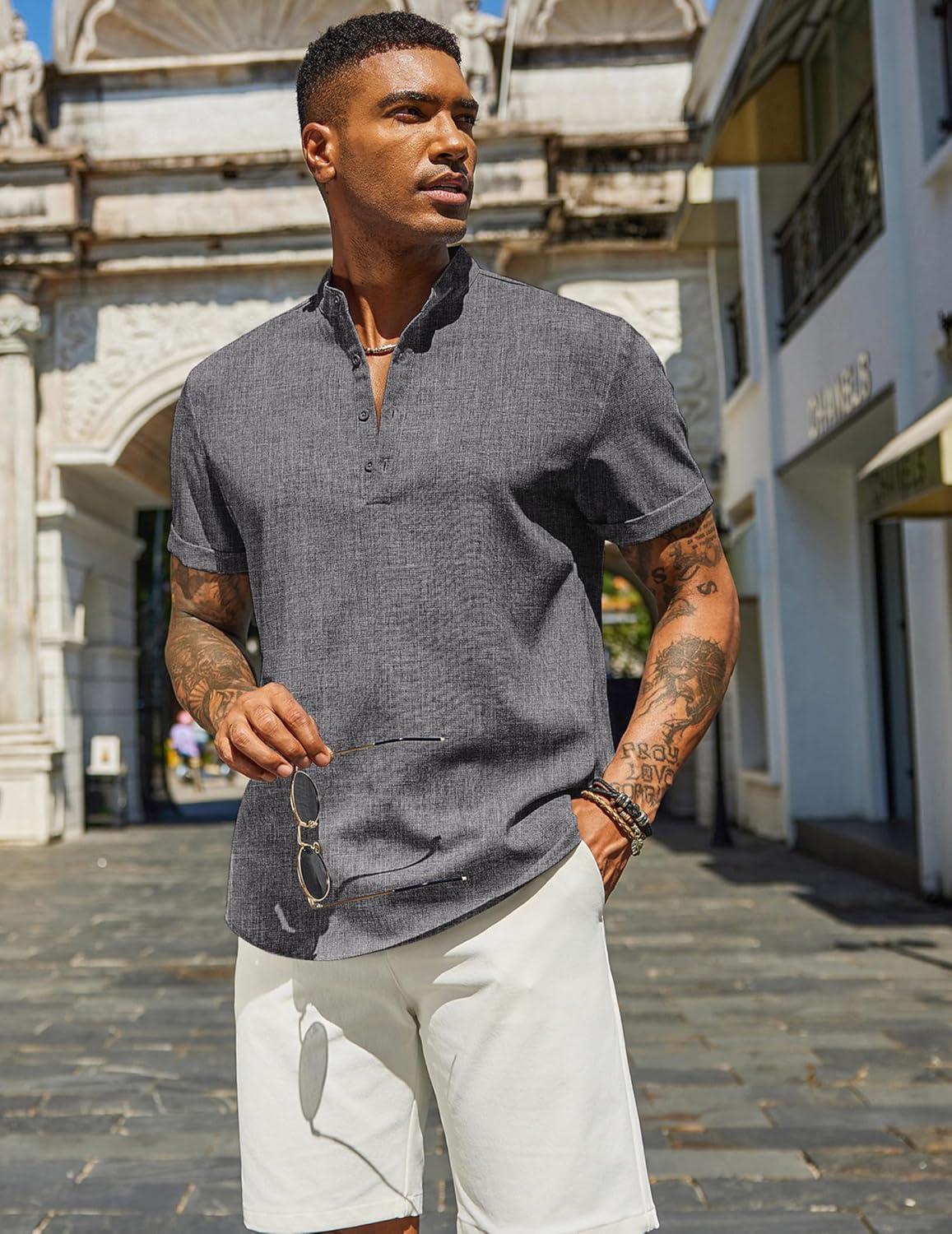 imageCOOFANDY Mens Casual Linen Henley Shirts Short Sleeve Band Collar Summer Beach Vacation TShirtsDark Grey
