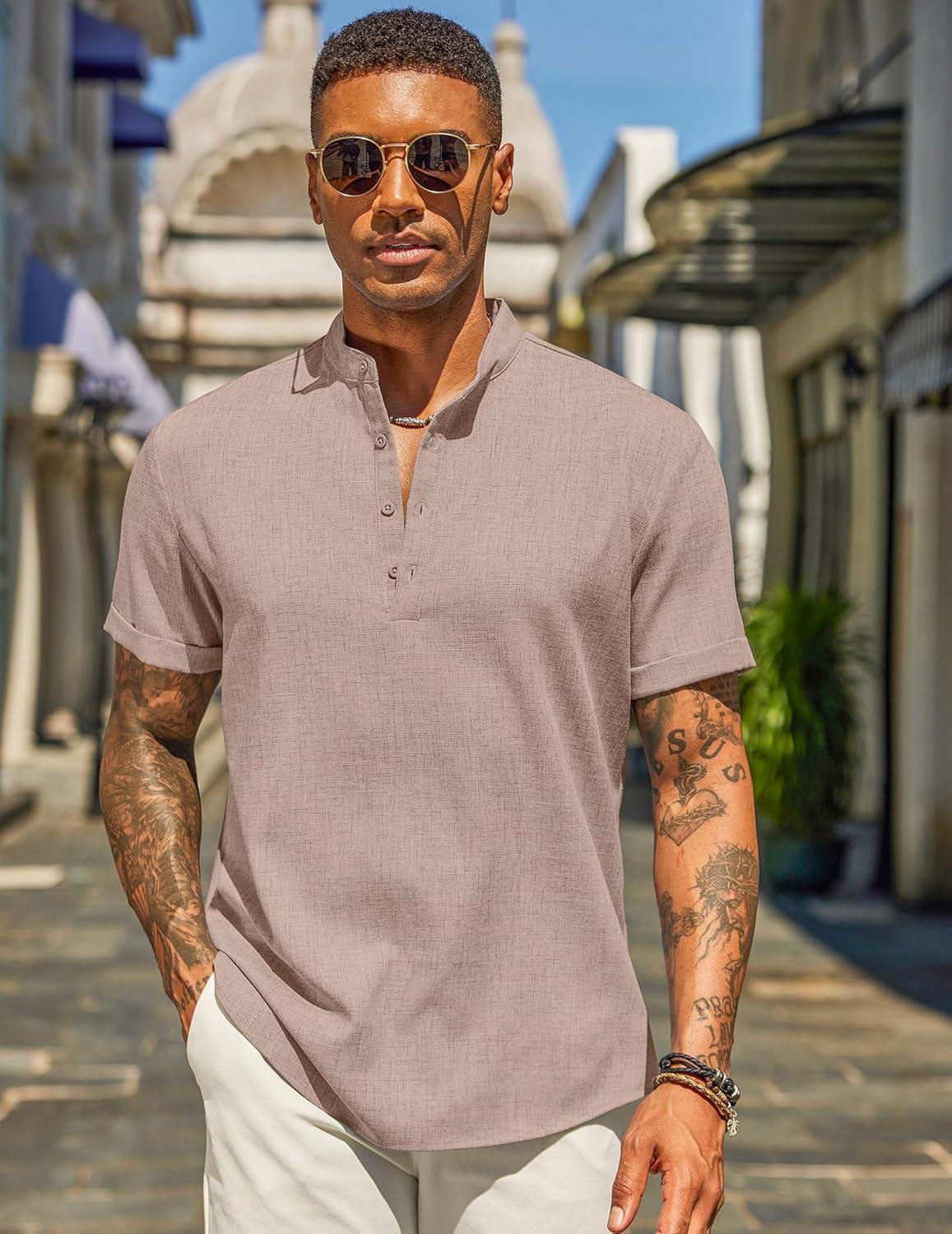 imageCOOFANDY Mens Casual Linen Henley Shirts Short Sleeve Band Collar Summer Beach Vacation TShirtsKhaki