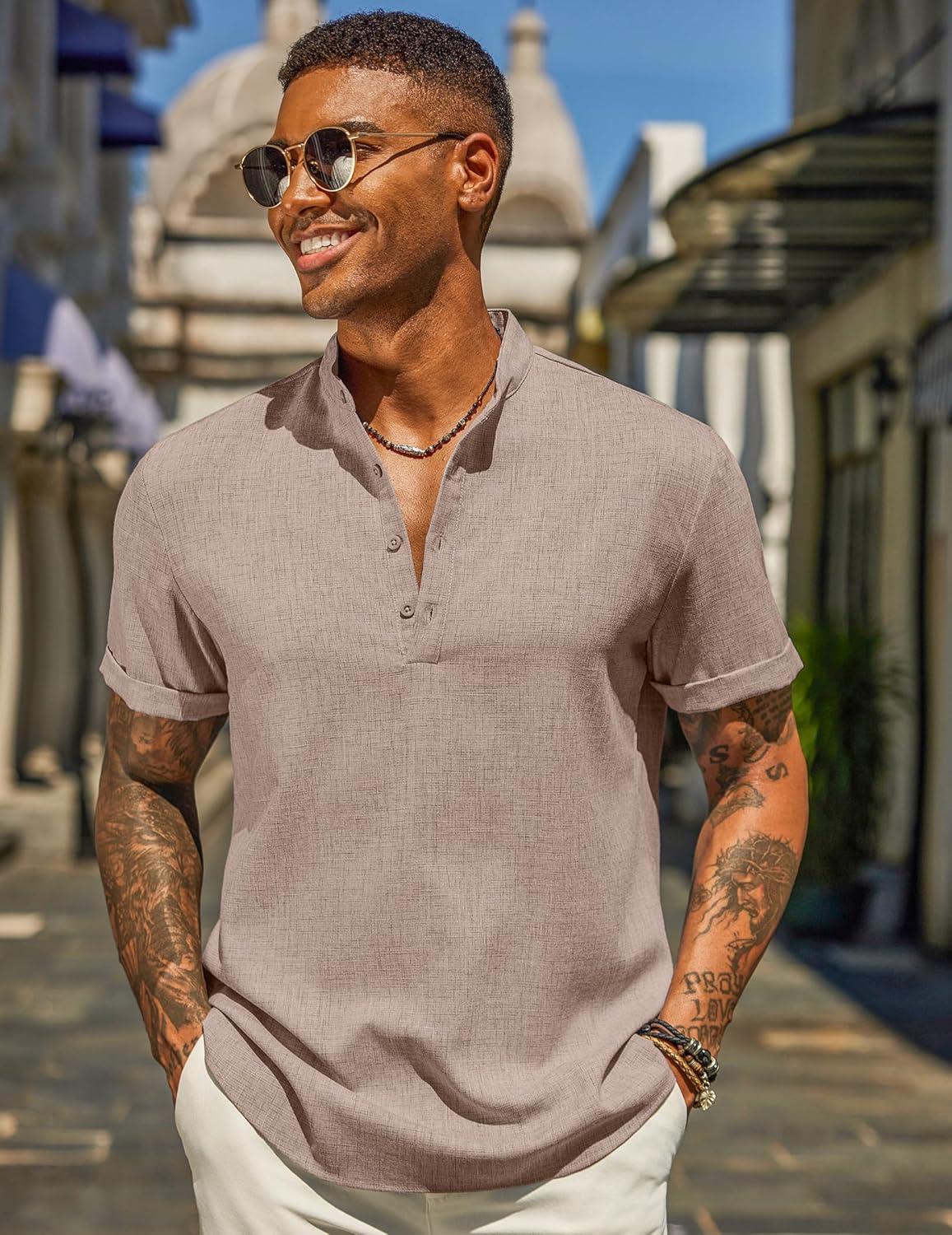 imageCOOFANDY Mens Casual Linen Henley Shirts Short Sleeve Band Collar Summer Beach Vacation TShirtsKhaki