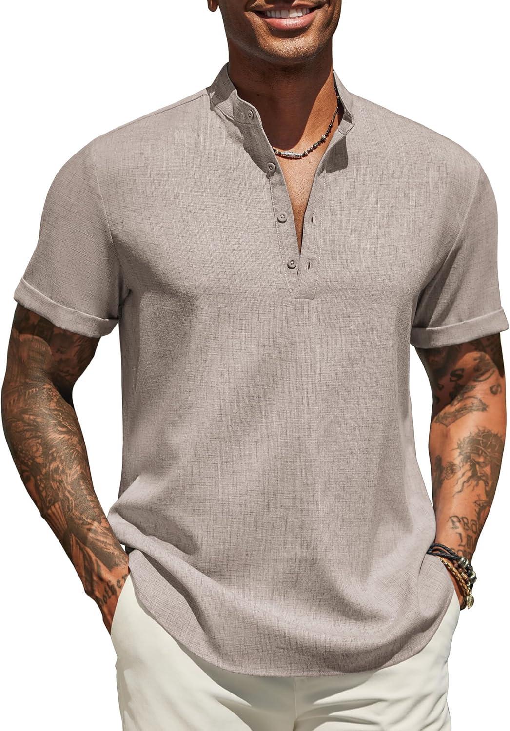 imageCOOFANDY Mens Casual Linen Henley Shirts Short Sleeve Band Collar Summer Beach Vacation TShirtsStone