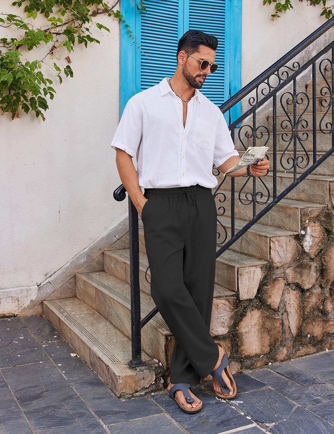 imageCOOFANDY Mens Casual Linen Pants Loose Fit Elastic Waist Drawstring Lightweight Pant Summer Beach TrousersBlack