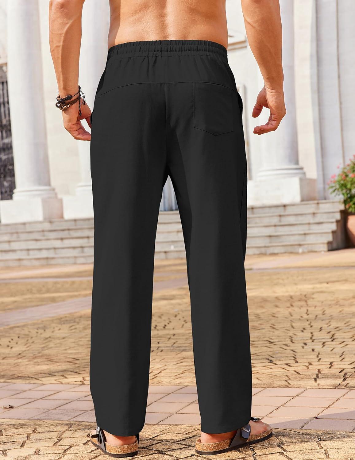 imageCOOFANDY Mens Casual Linen Pants Loose Fit Elastic Waist Drawstring Lightweight Pant Summer Beach TrousersBlack