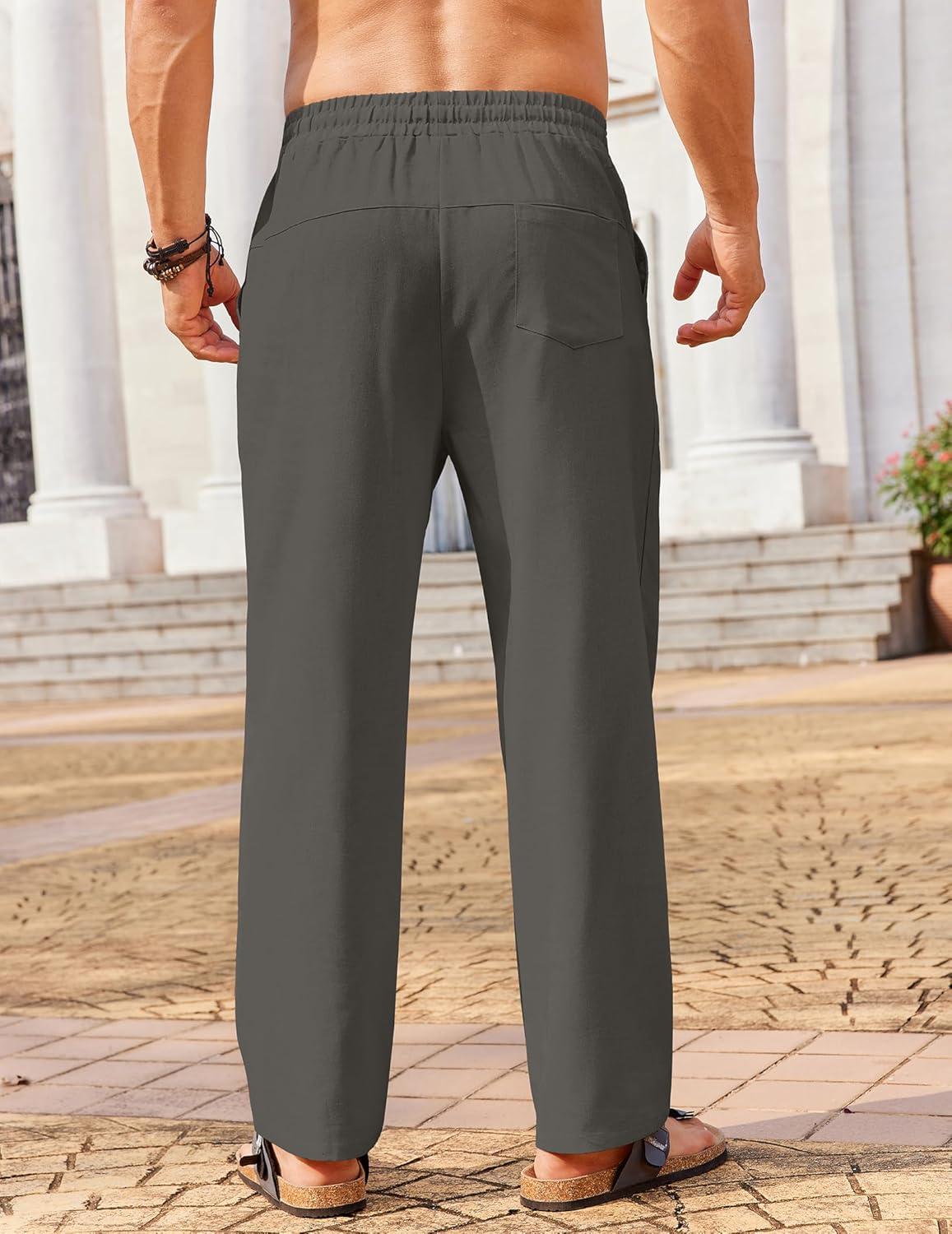 imageCOOFANDY Mens Casual Linen Pants Loose Fit Elastic Waist Drawstring Lightweight Pant Summer Beach TrousersDrak Grey
