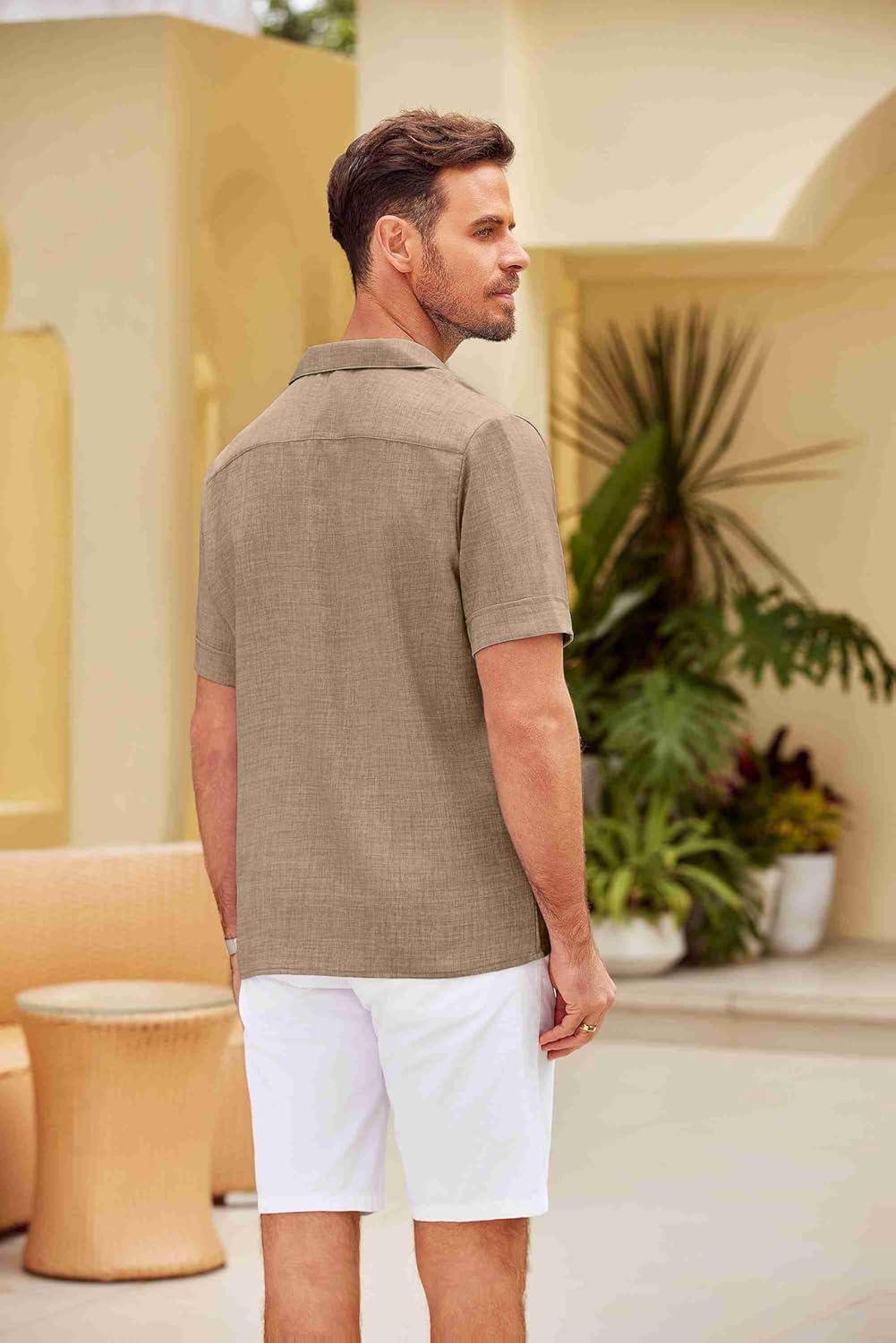 imageCOOFANDY Mens Casual Linen Shirt Short Sleeve Button Down Shirt Summer Beach Hawaiian ShirtsKhaki