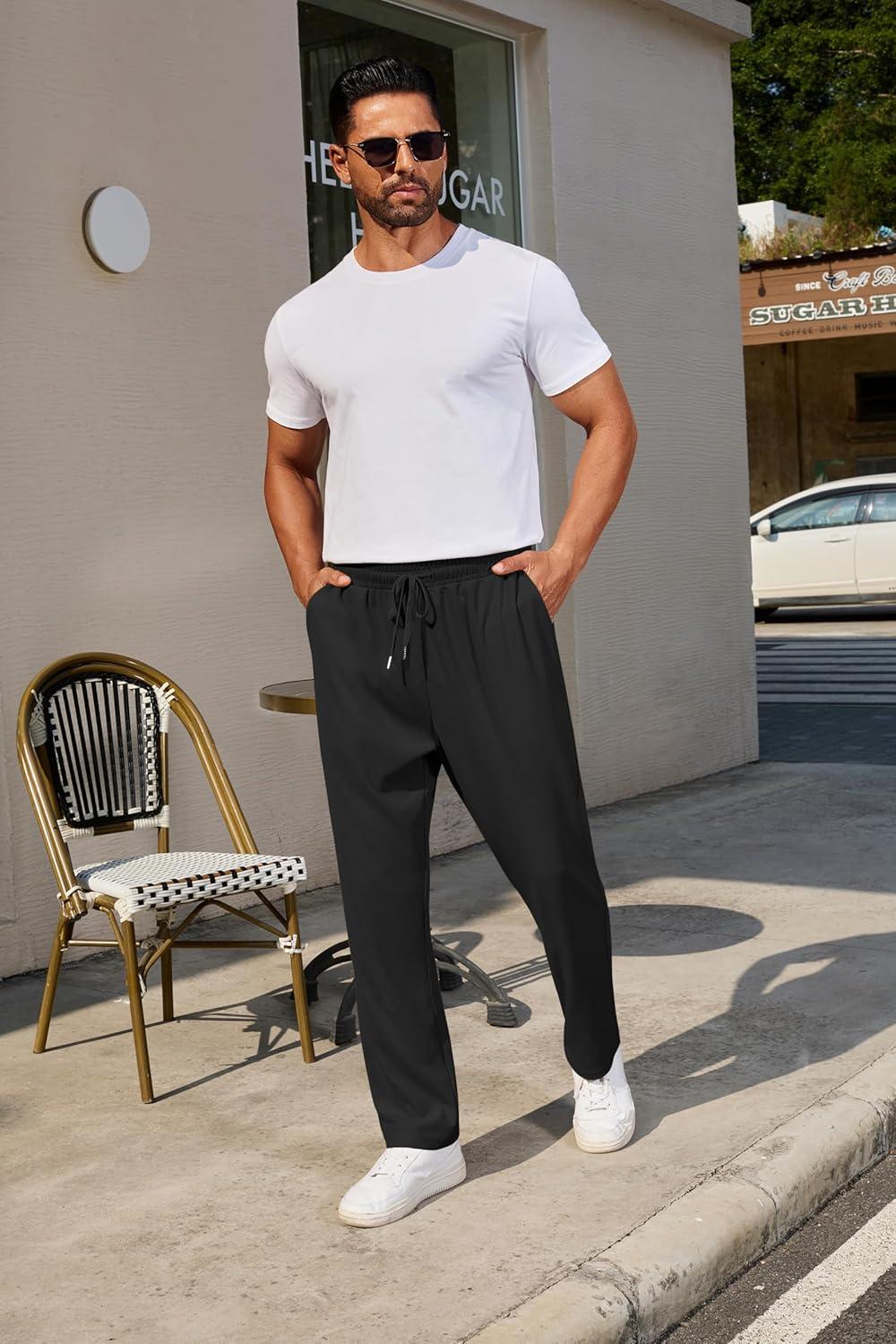 imageCOOFANDY Mens Casual Pants Waffle Knit Yoga Pants Lightweight Sweatpants Open Bottom Lounge TrousersBlack