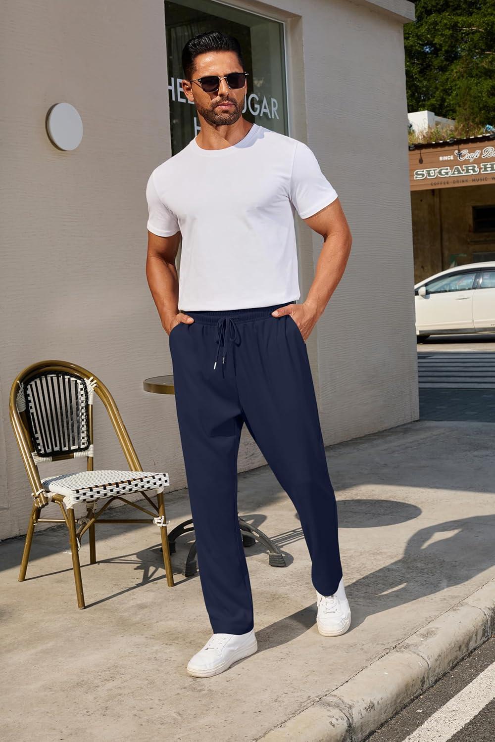 imageCOOFANDY Mens Casual Pants Waffle Knit Yoga Pants Lightweight Sweatpants Open Bottom Lounge TrousersNavy Blue