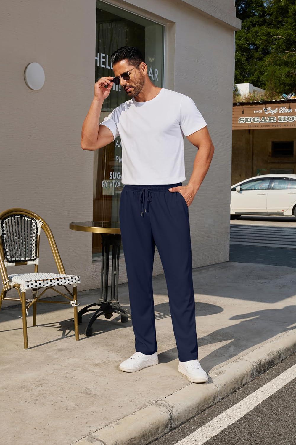 imageCOOFANDY Mens Casual Pants Waffle Knit Yoga Pants Lightweight Sweatpants Open Bottom Lounge TrousersNavy Blue