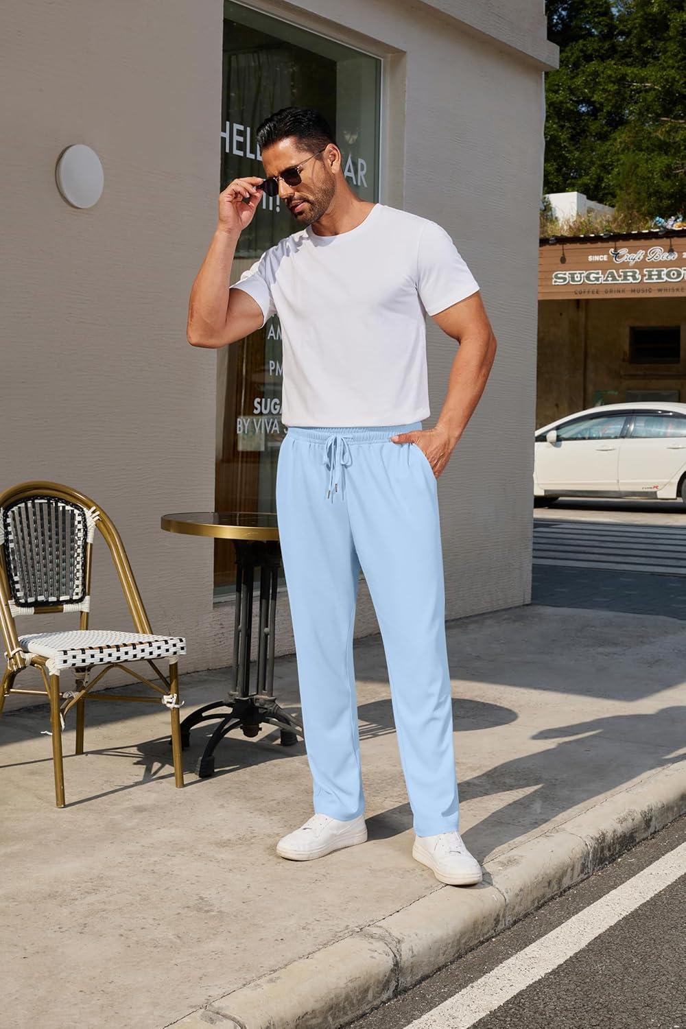 imageCOOFANDY Mens Casual Pants Waffle Knit Yoga Pants Lightweight Sweatpants Open Bottom Lounge TrousersSky Blue