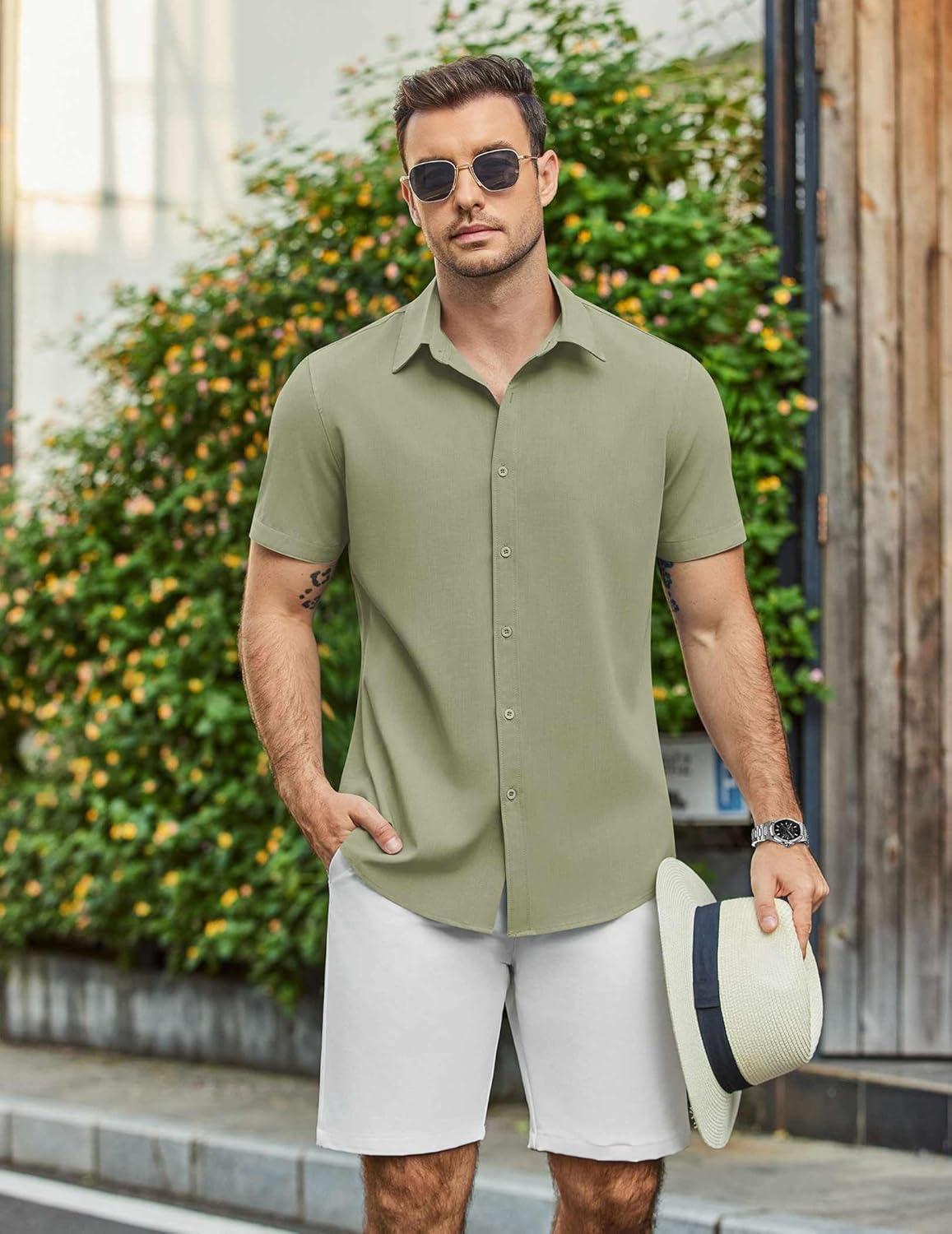imageCOOFANDY Mens Casual Shirts Short Sleeve Button Down Shirt Wrinkle Free Summer ShirtArmy Green