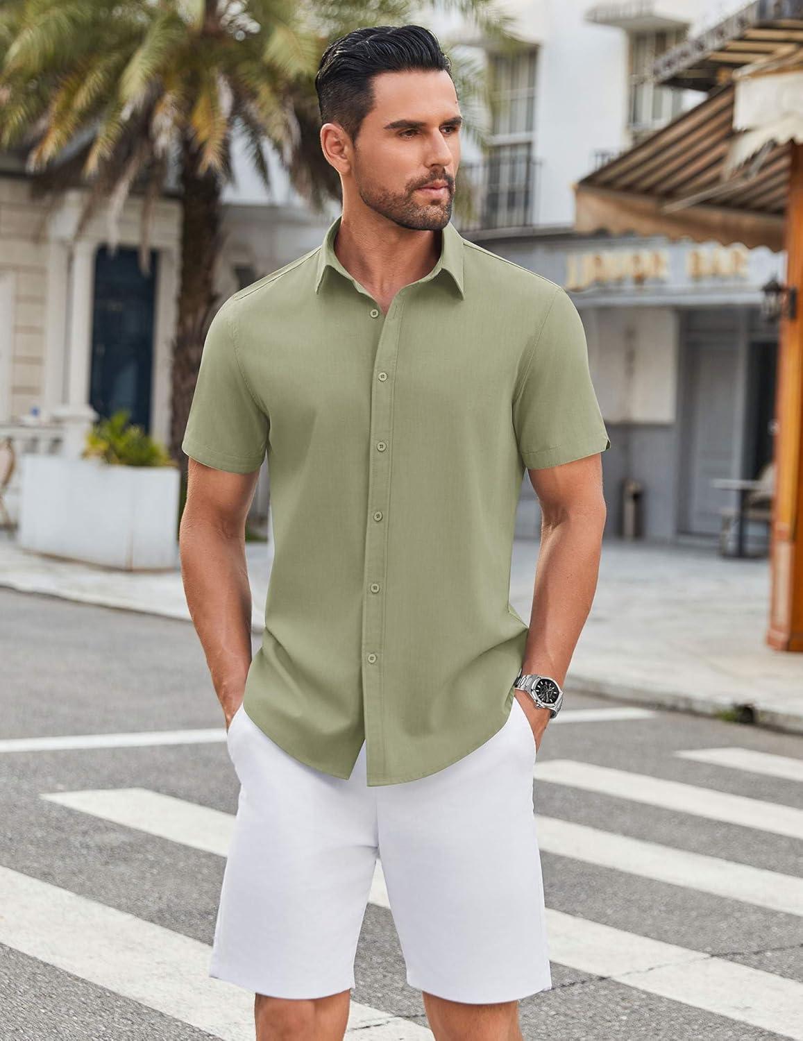 imageCOOFANDY Mens Casual Shirts Short Sleeve Button Down Shirt Wrinkle Free Summer ShirtArmy Green