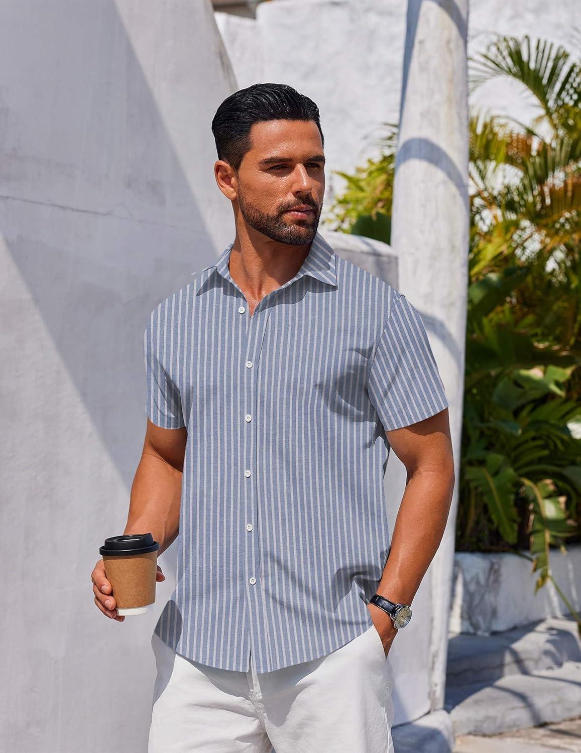 imageCOOFANDY Mens Casual Shirts Short Sleeve Button Down Shirt Wrinkle Free Summer ShirtBluewhite Stripes