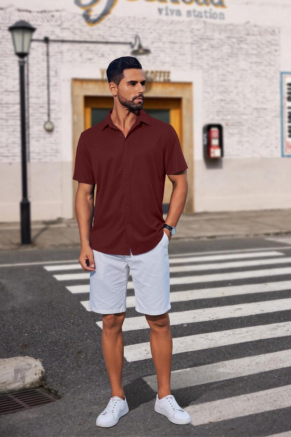 imageCOOFANDY Mens Casual Shirts Short Sleeve Button Down Shirt Wrinkle Free Summer ShirtDarck Red