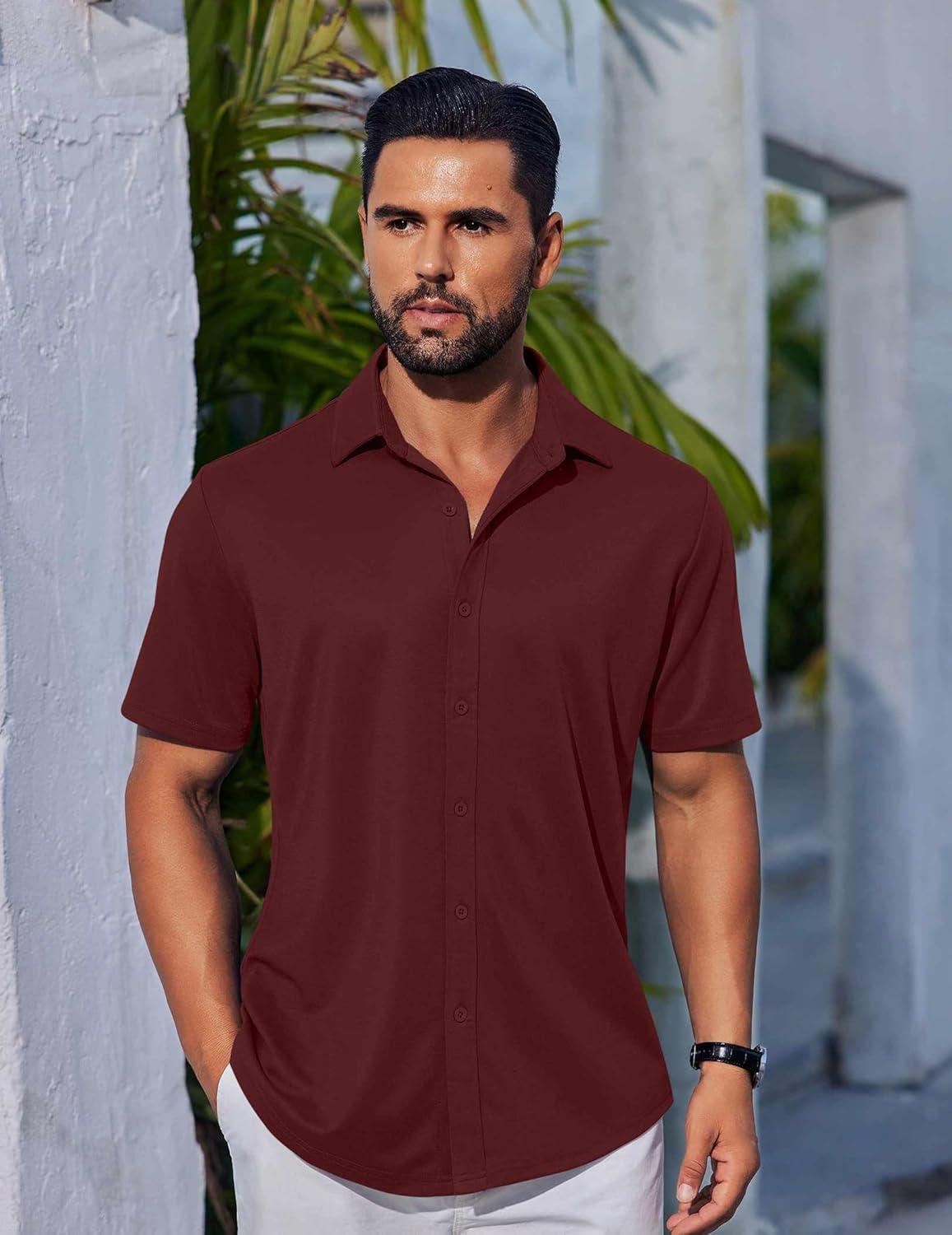 imageCOOFANDY Mens Casual Shirts Short Sleeve Button Down Shirt Wrinkle Free Summer ShirtDarck Red