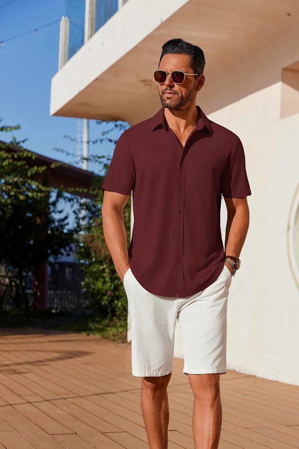 imageCOOFANDY Mens Casual Shirts Short Sleeve Button Down Shirt Wrinkle Free Summer ShirtDarck Red