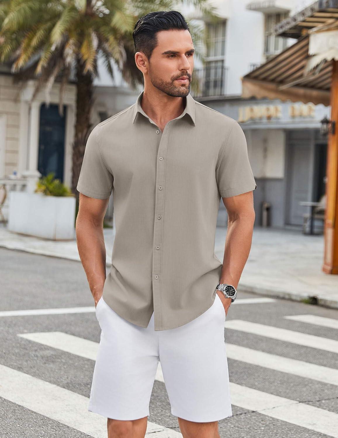 imageCOOFANDY Mens Casual Shirts Short Sleeve Button Down Shirt Wrinkle Free Summer ShirtGrey
