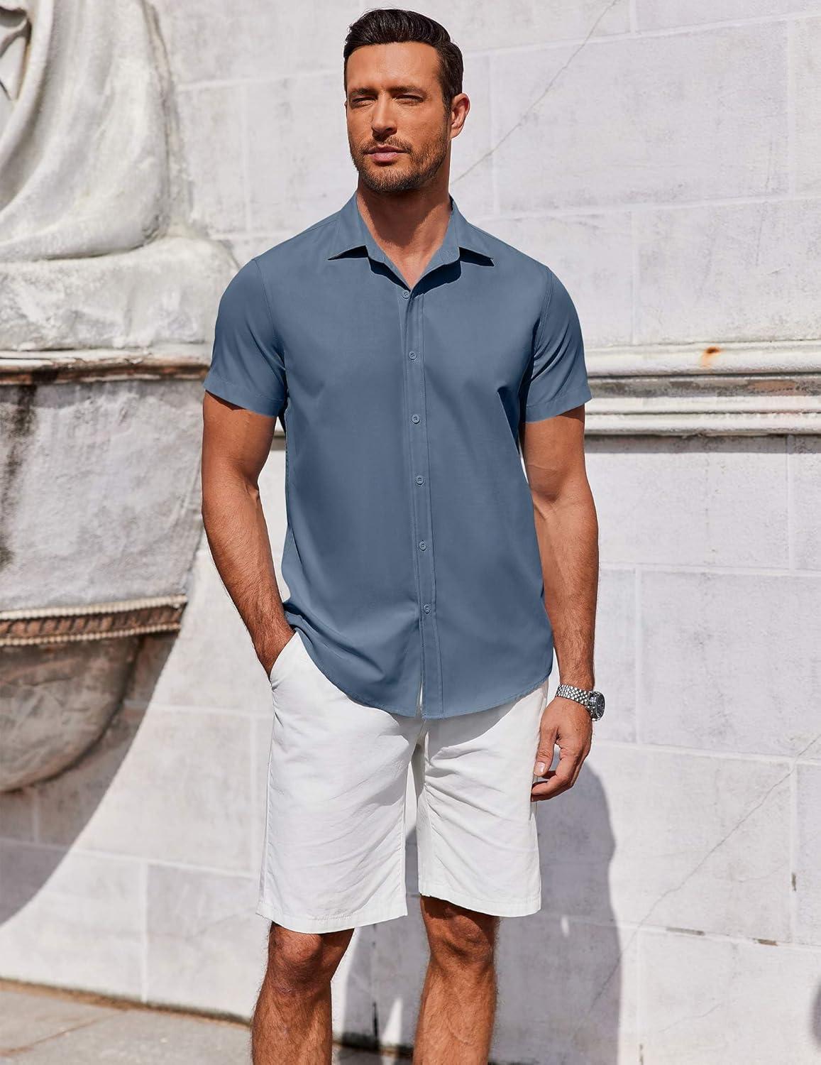 imageCOOFANDY Mens Casual Shirts Short Sleeve Button Down Shirt Wrinkle Free Summer ShirtGrey Blue