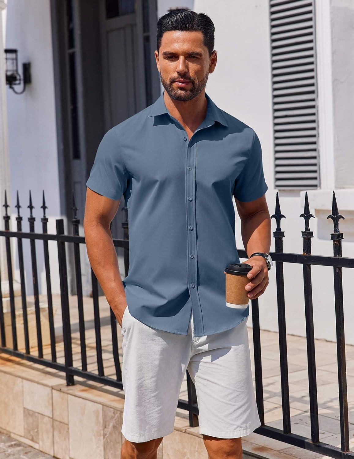 imageCOOFANDY Mens Casual Shirts Short Sleeve Button Down Shirt Wrinkle Free Summer ShirtGrey Blue