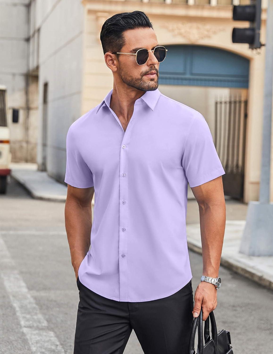 imageCOOFANDY Mens Casual Shirts Short Sleeve Button Down Shirt Wrinkle Free Summer ShirtLavender